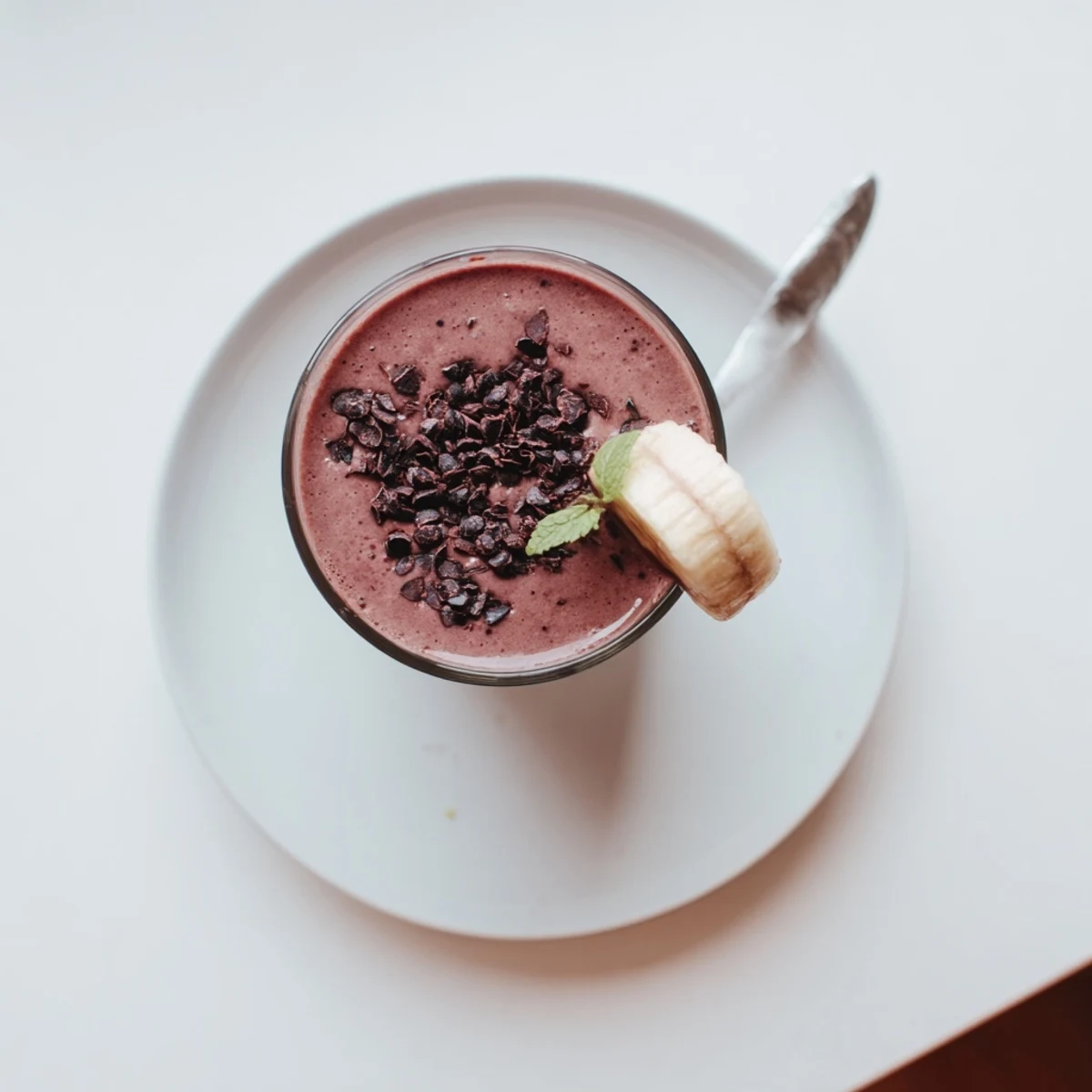 Chilled Chocolate Beet Smoothie beside blender, rich cocoa aroma and silky mouthfeel