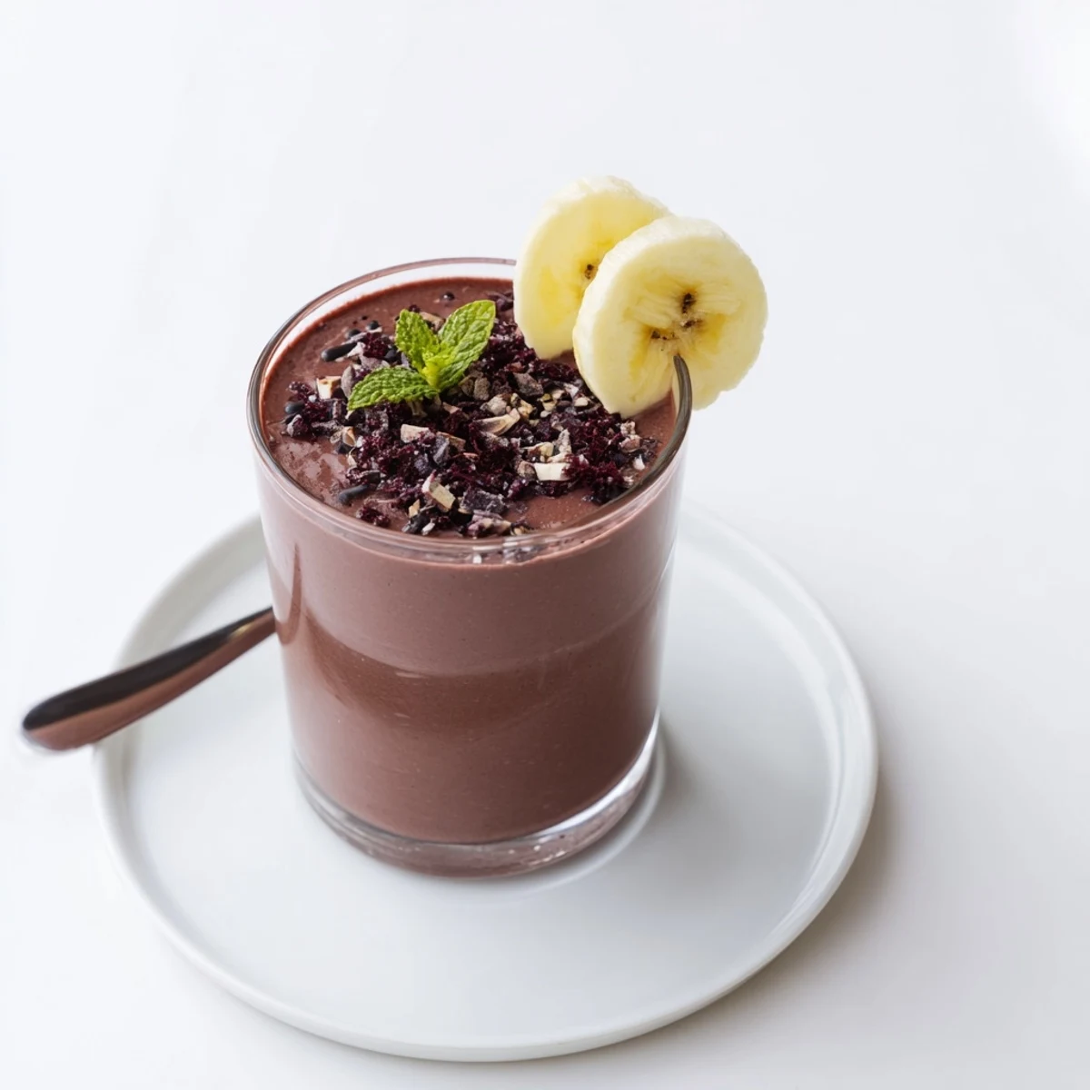 Brightly colored Chocolate Beet Smoothie with creamy banana base, cacao nib topping
