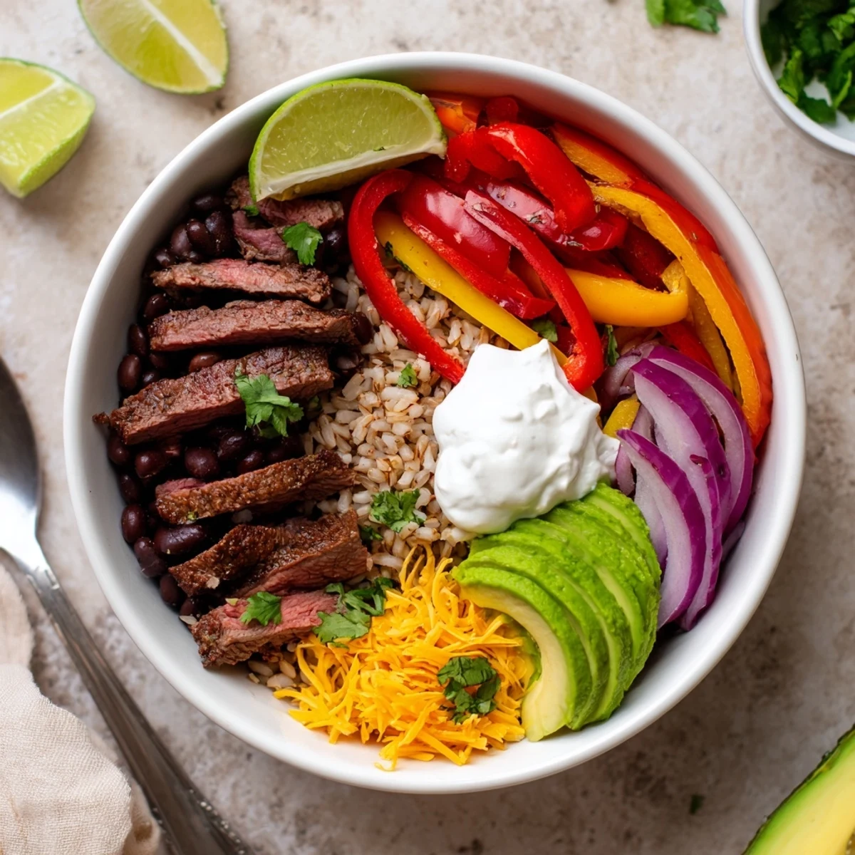 Steak Fajita Power Bowls layered over warm brown rice, zesty lime wedges.