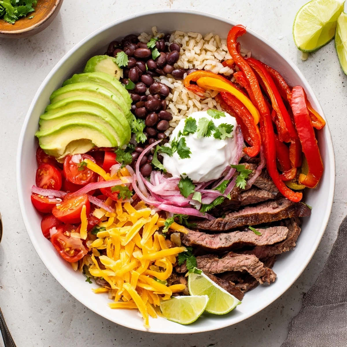 Steak Fajita Power Bowls topped with smoky seared steak, melting cheddar, cilantro.