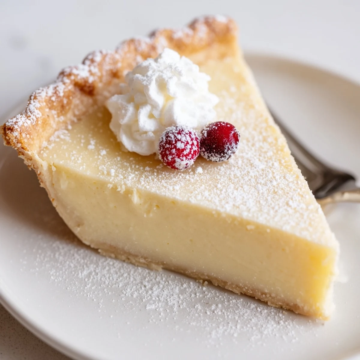 Christmas Eve Custard Pie With Cinnamon Vanilla, glossy golden filling and warm spice aroma