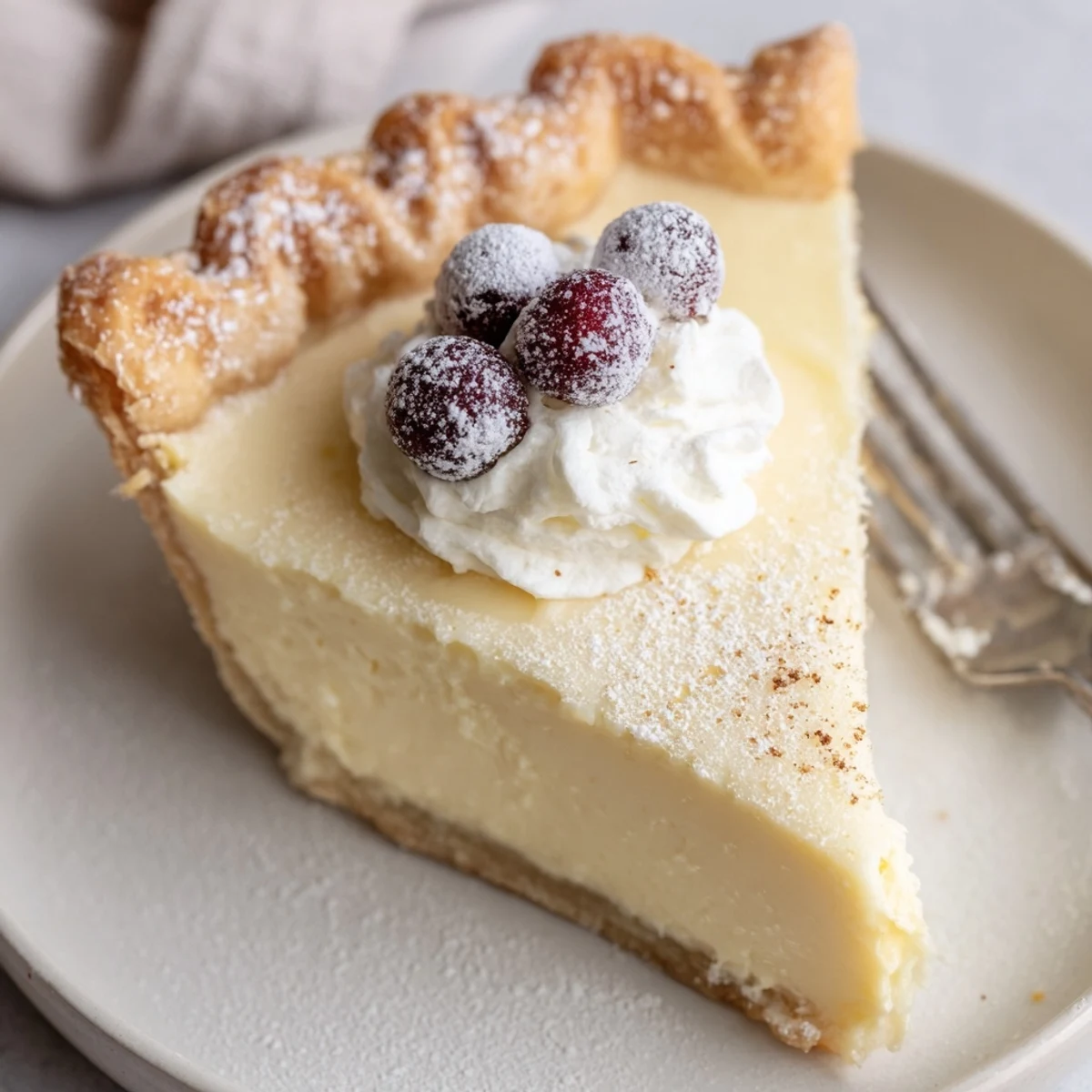 Christmas Eve Custard Pie With Cinnamon Vanilla served with whipped cream and sugared cranberries