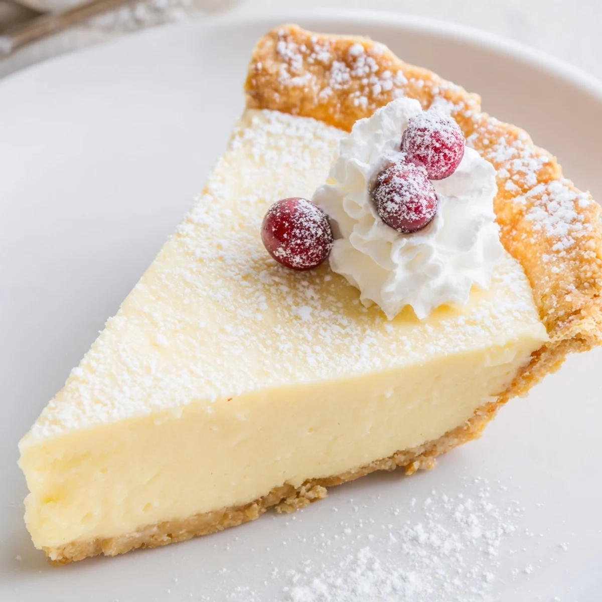 A slice of Christmas Eve Custard Pie With Cinnamon Vanilla, creamy and gently wobbly