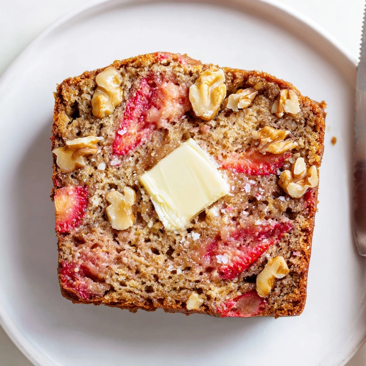 Sliced Strawberry Banana Bread Recipe on wire rack, moist crumb, flecks of strawberry