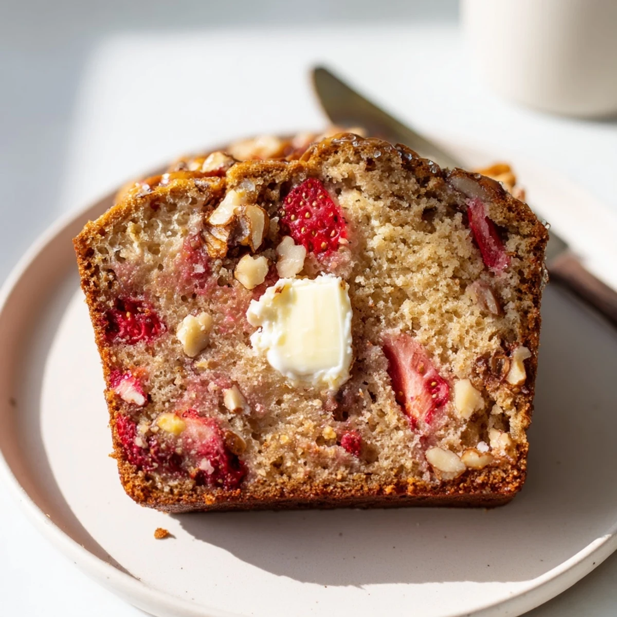 Golden-crusted Strawberry Banana Bread Recipe studded with strawberries and optional chopped nuts