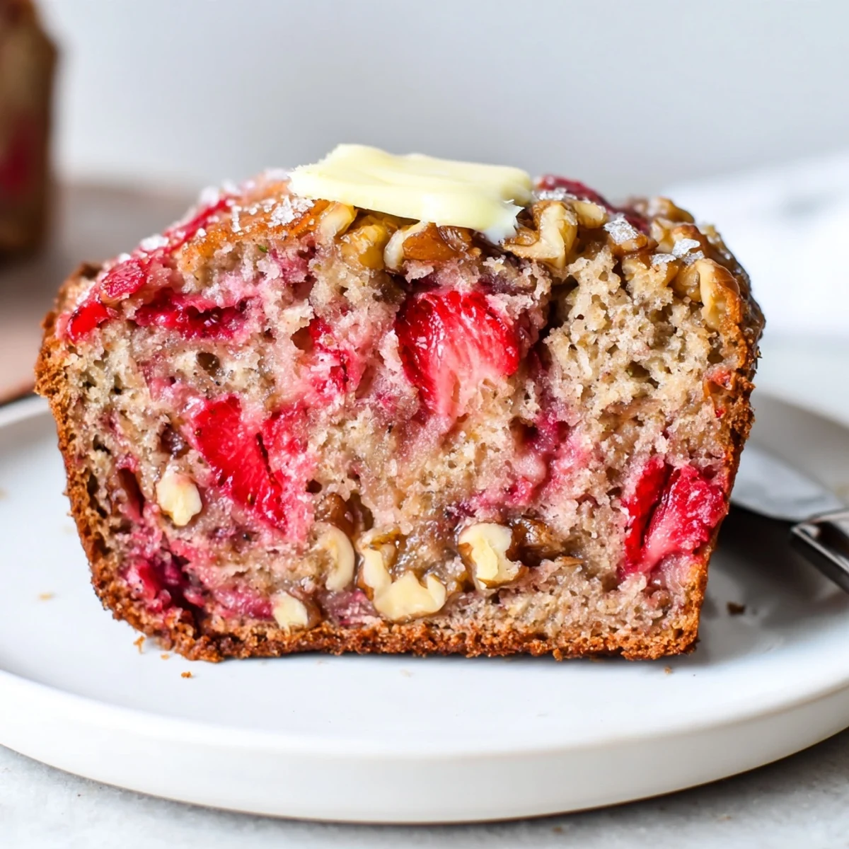 Warm Strawberry Banana Bread Recipe served with butter and honey drizzle, steaming