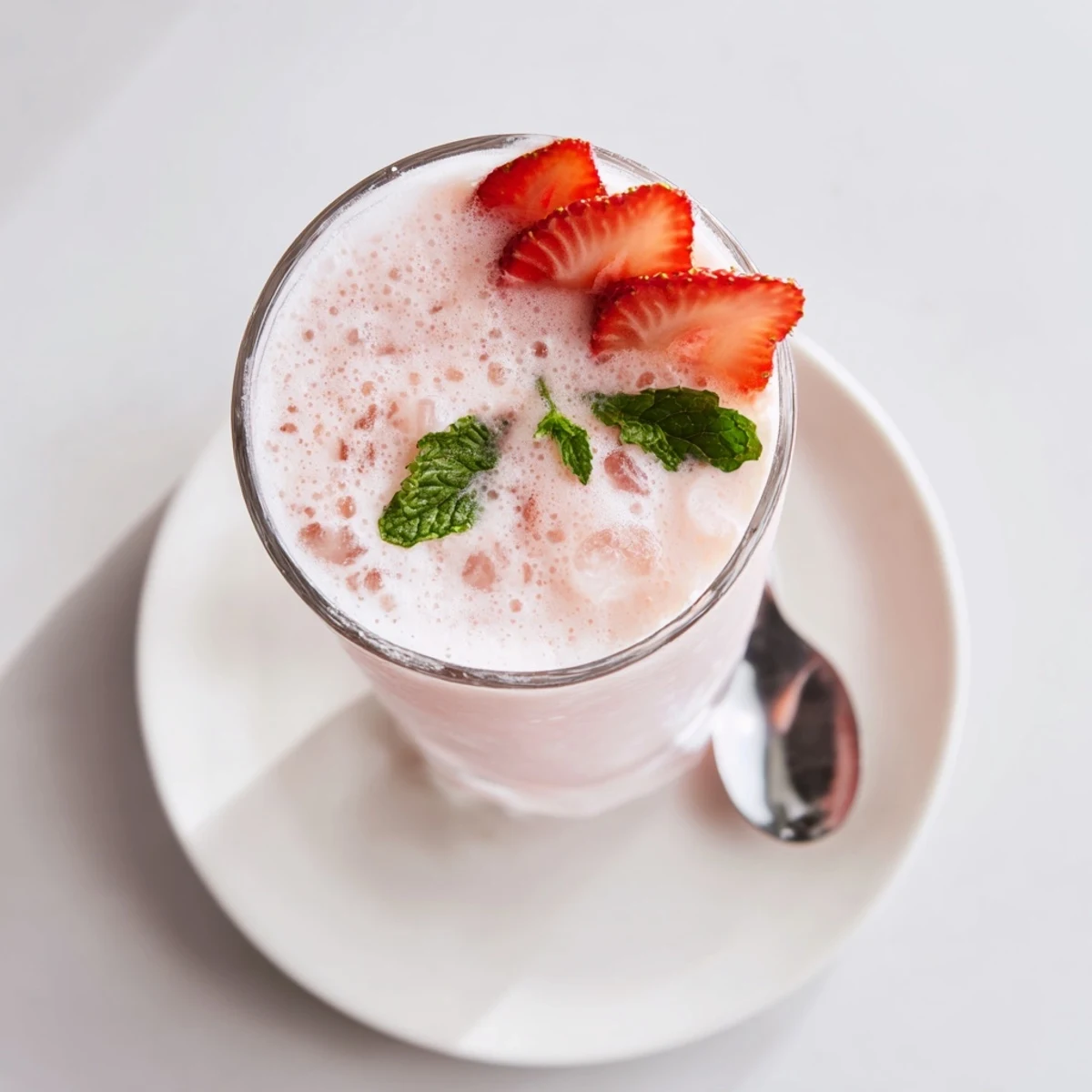 Strawberry Coconut Cooler Recipe: frothy pink drink with crushed ice and mint