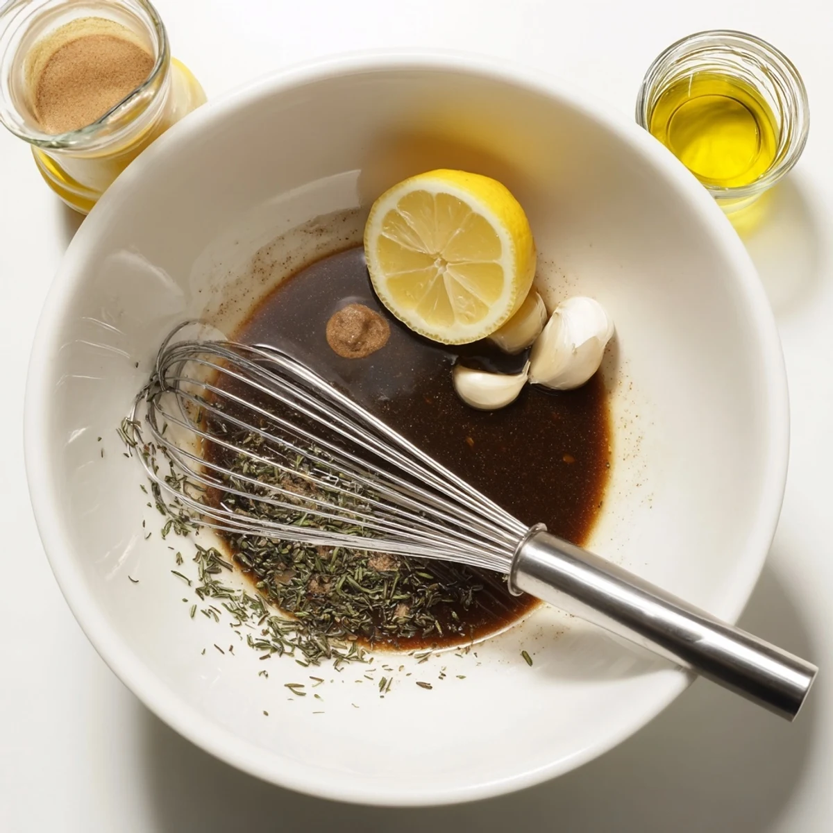 Steak Marinade glistening over raw ribeyes, garlic aroma and fresh rosemary.