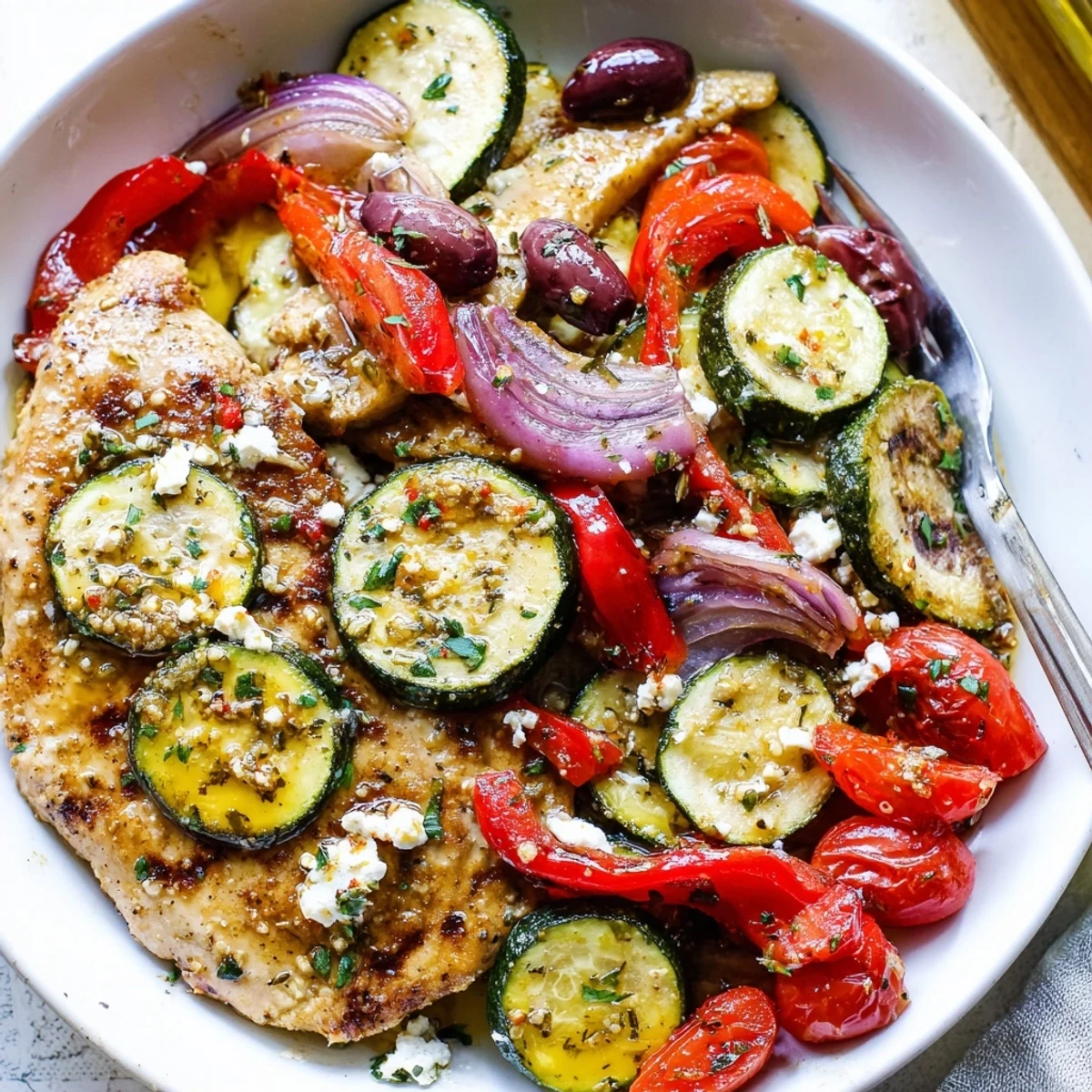 Oven-roasted Sheet Pan Mediterranean Chicken Zucchini glistening with olive oil and feta