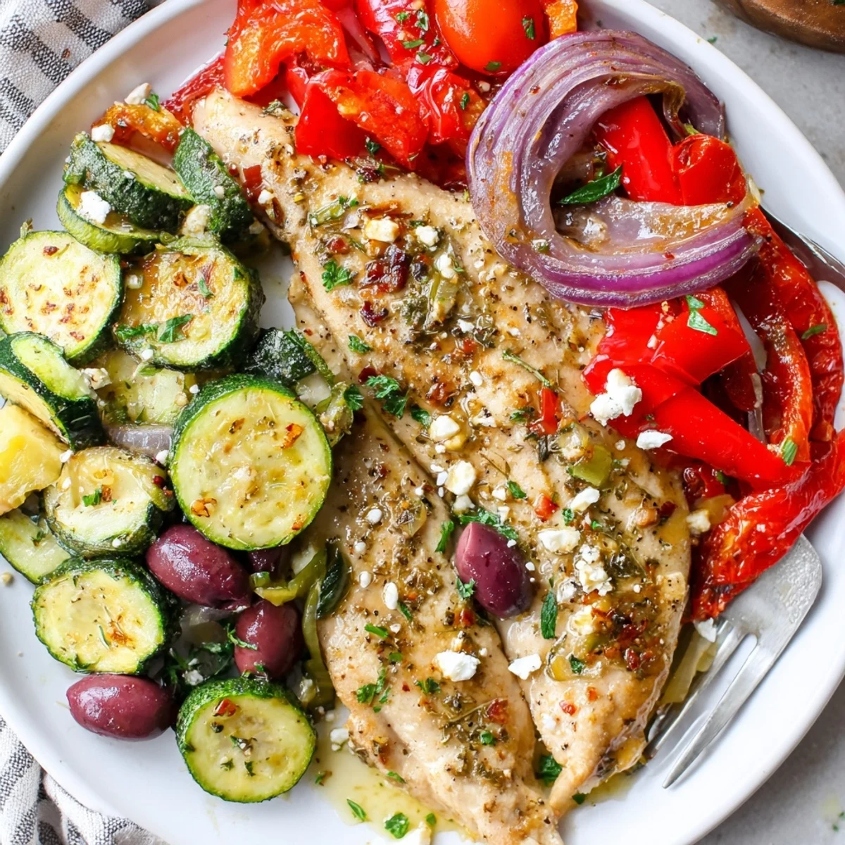 Sheet Pan Mediterranean Chicken Zucchini served hot, spoon pan juices over warm pita