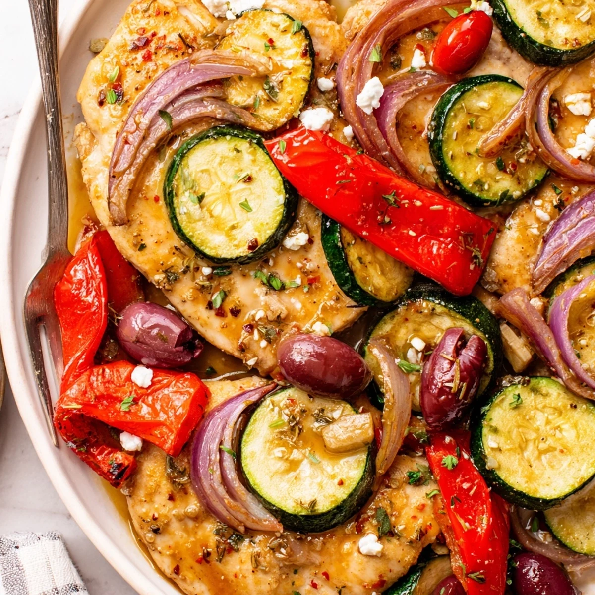 Warm Sheet Pan Mediterranean Chicken Zucchini sizzling with lemon-garlic aroma, tender roasted vegetables