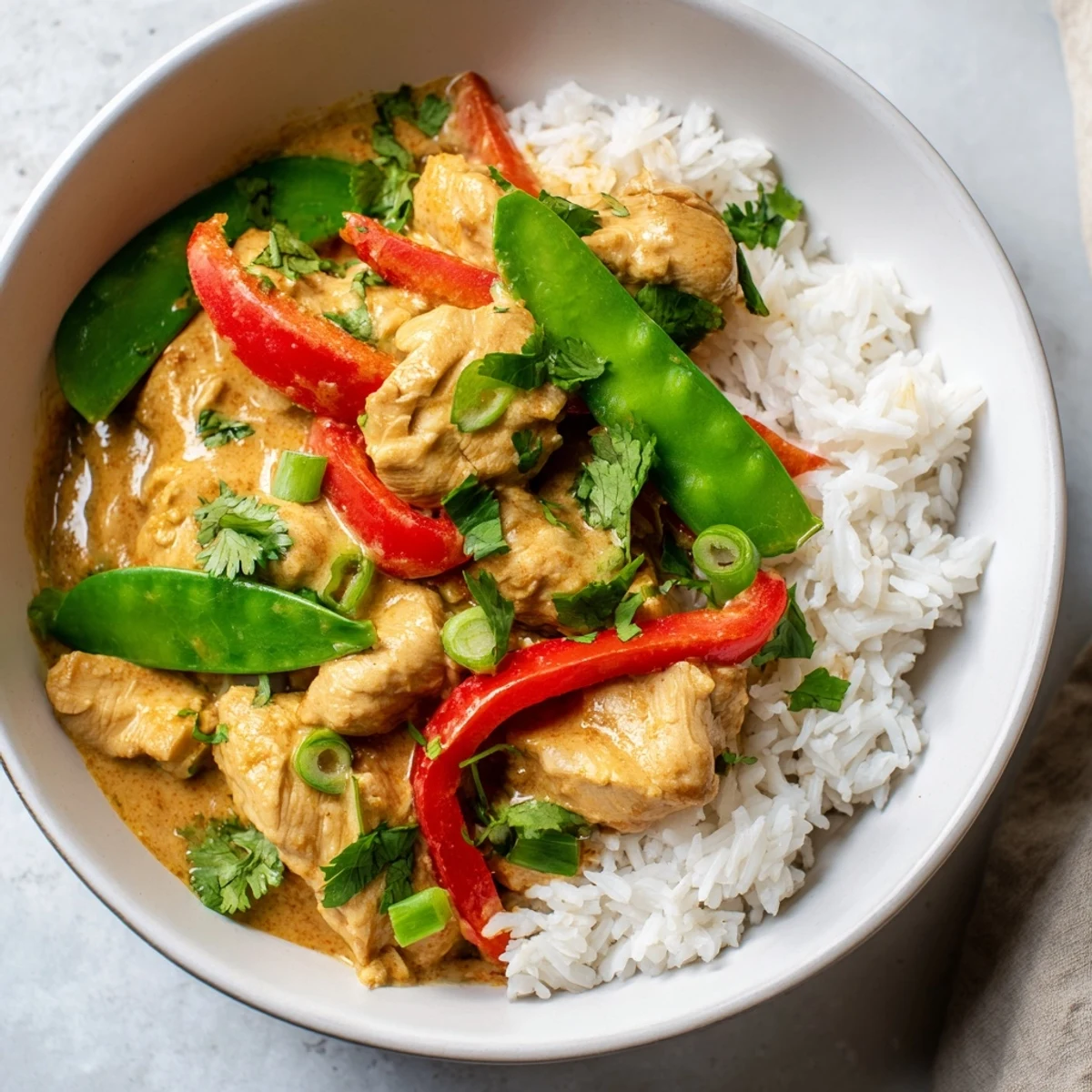 Creamy coconut chicken rice bowl topped with tender chicken pieces and vibrant vegetables in rich sauce