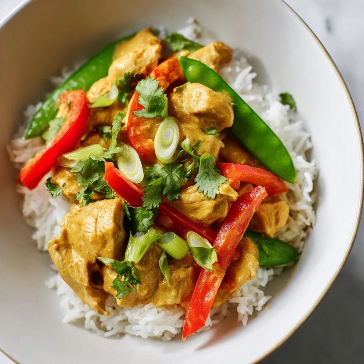 Glossy coconut chicken simmered in white sauce over fluffy jasmine rice with colorful bell pepper slices