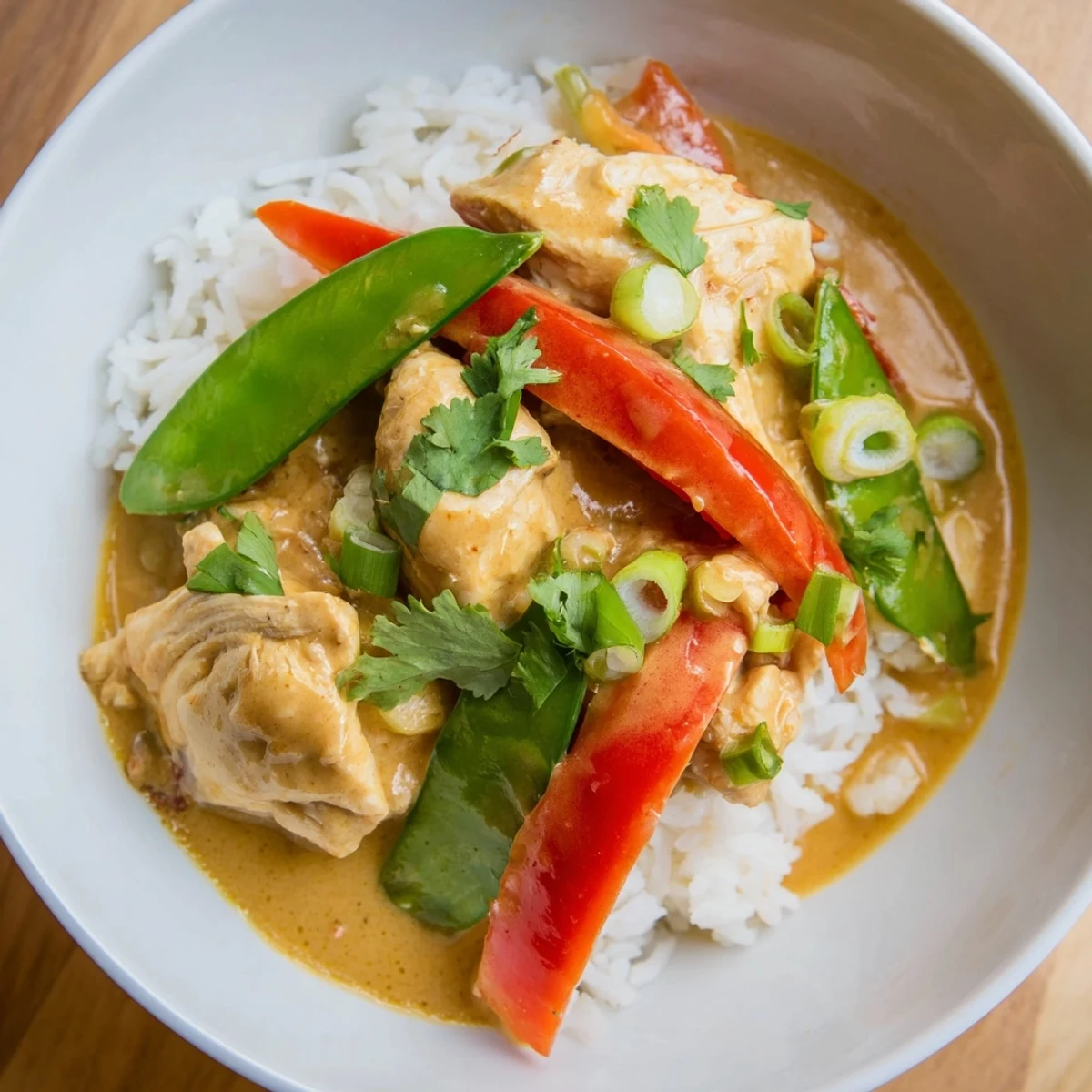 Steamy bowl of fragrant rice piled high with coconut glazed chicken and fresh green snap peas
