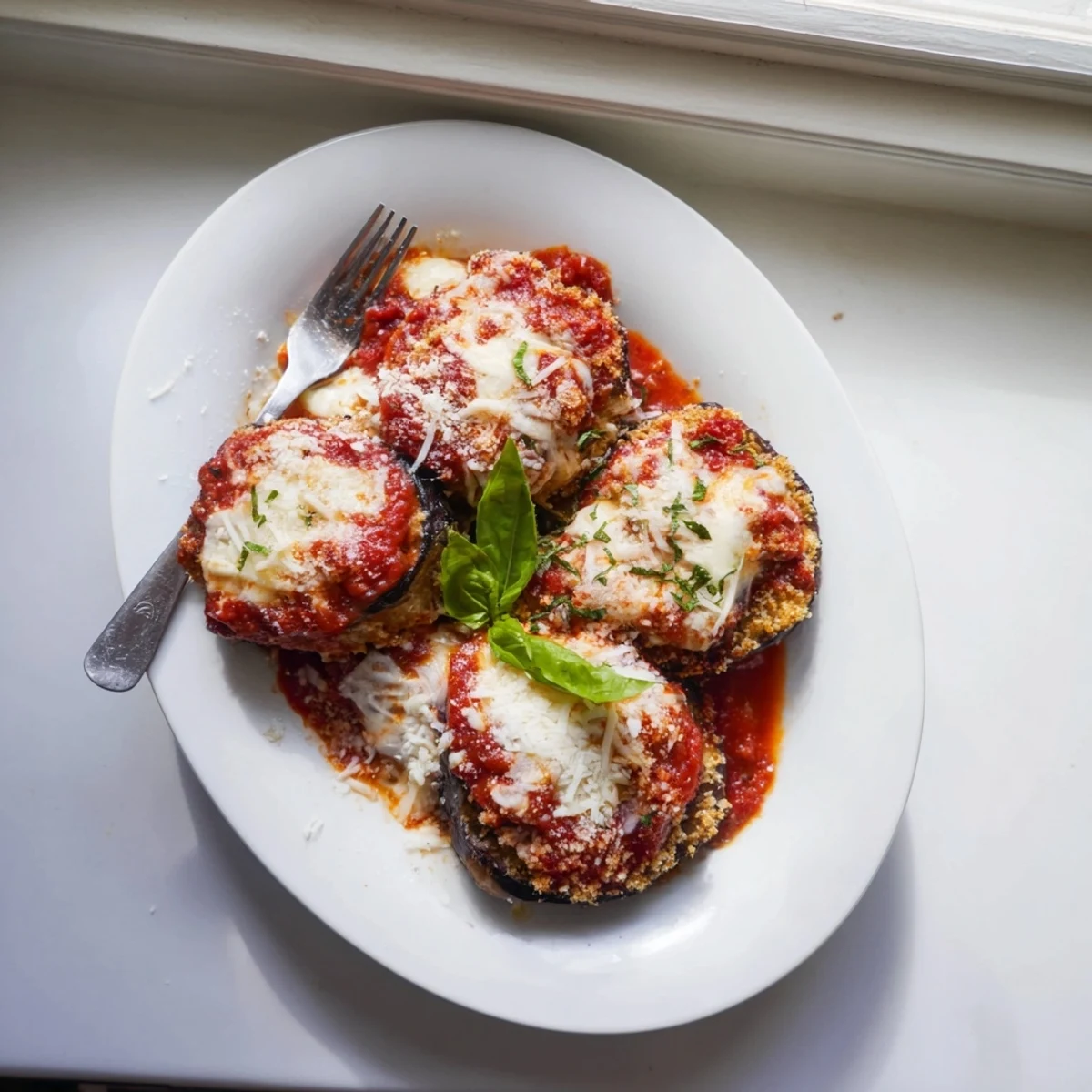 Golden baked eggplant parmesan casserole with layers of crispy breaded eggplant marinara and bubbly melted mozzarella cheese