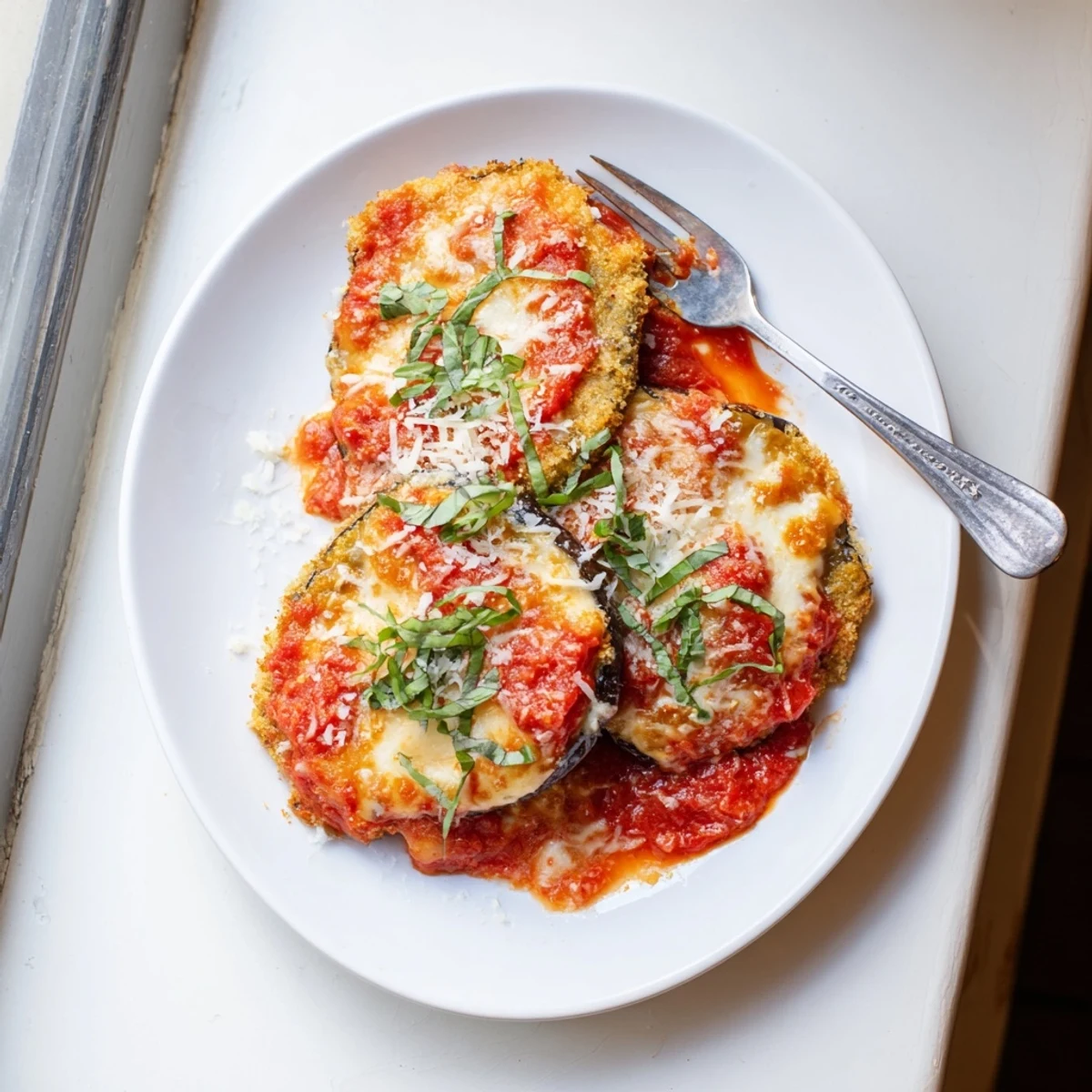 Classic Italian-American baked eggplant parmesan featuring tender breaded slices topped with red sauce and golden brown melted cheese