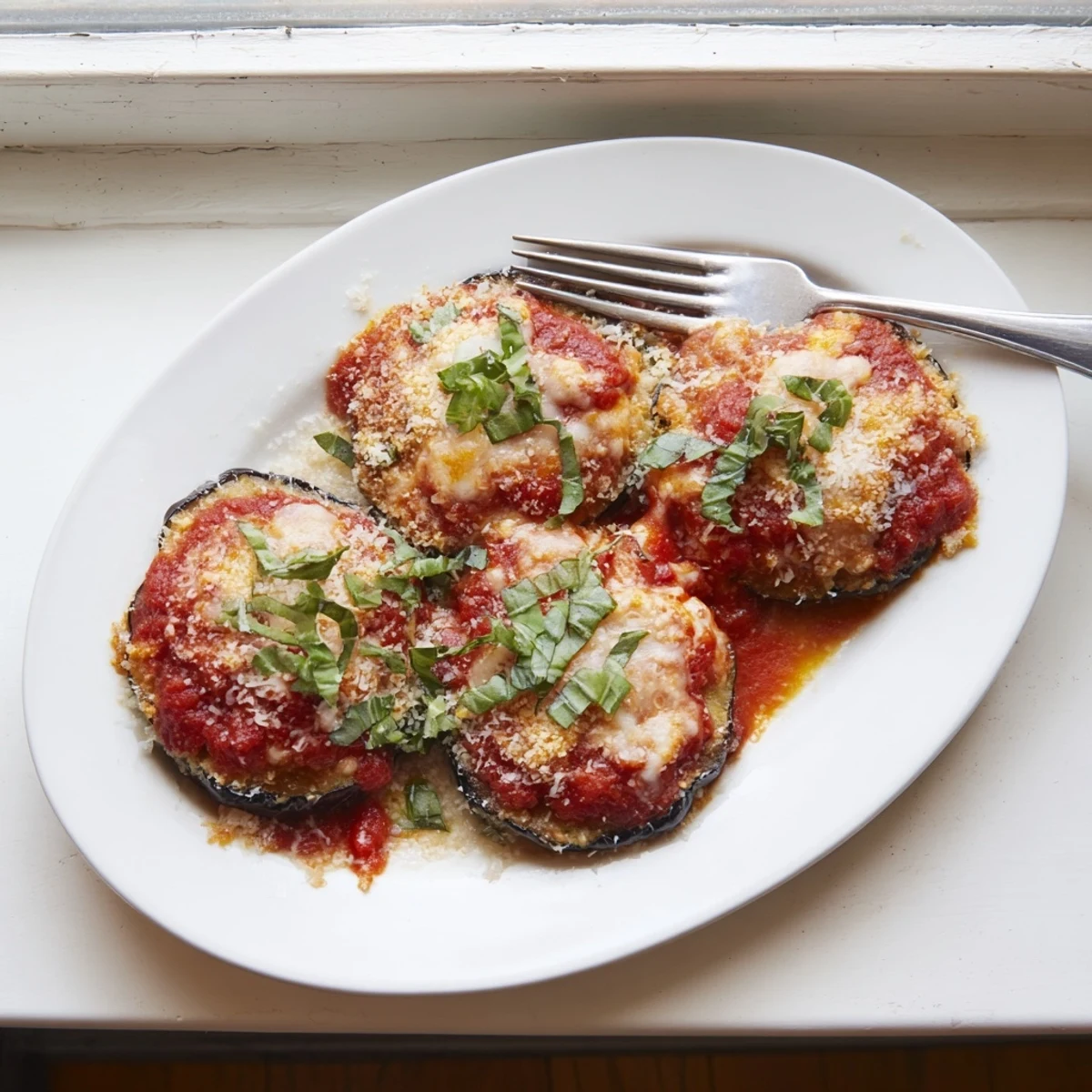 Homemade baked eggplant parmesan dish showing crispy coated eggplant layers with rich marinara and freshly grated parmesan garnish