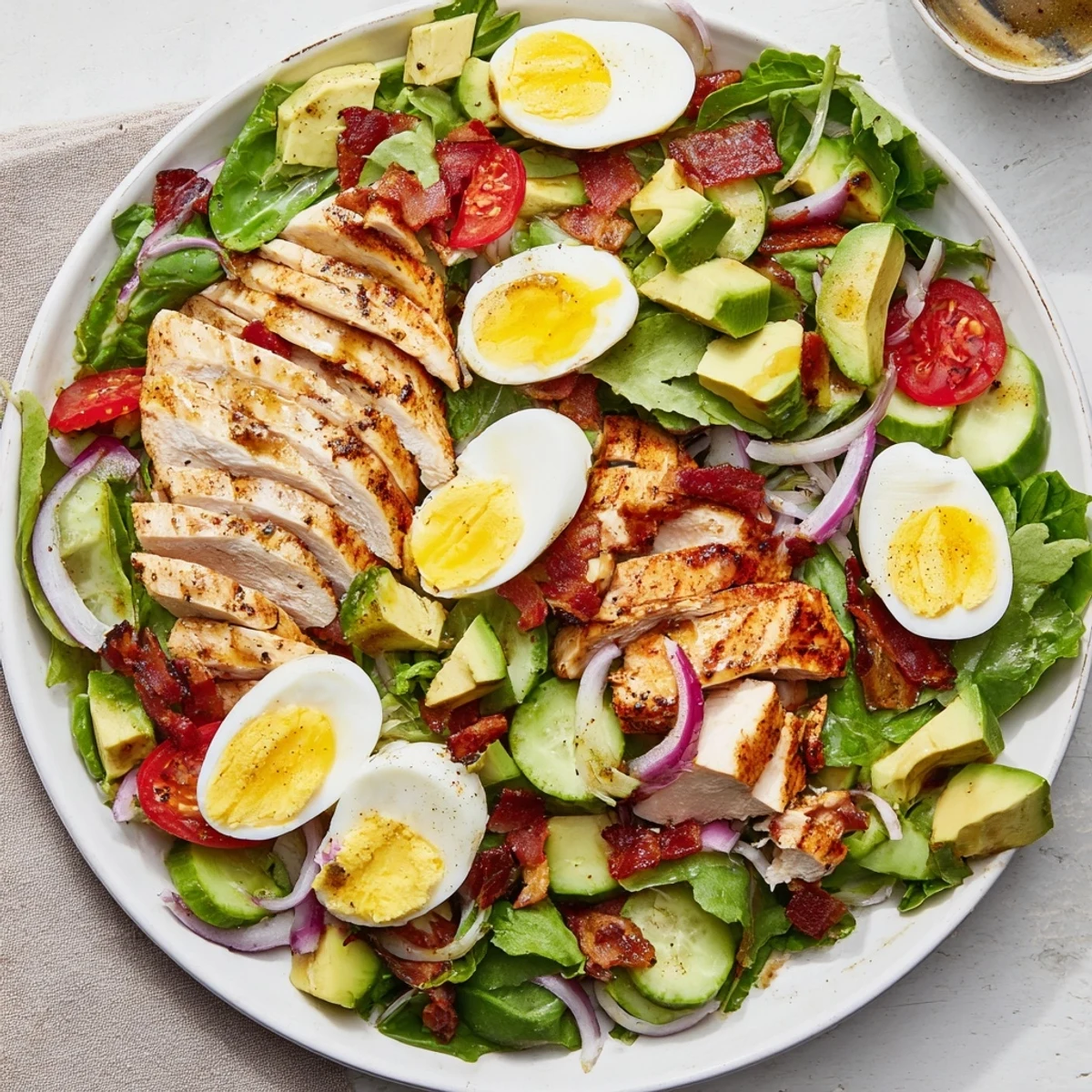 Colorful Paleo Grilled Chicken Cobb Salad piled with fresh avocado, crispy bacon, and hard-boiled eggs