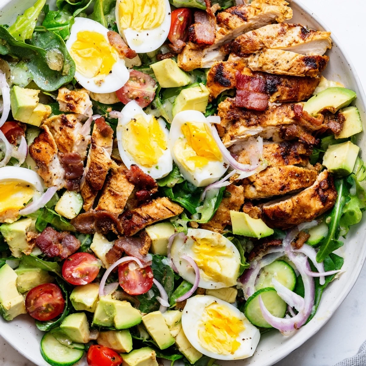 Hearty Paleo Grilled Chicken Cobb Salad arranged on a platter with crisp vegetables and protein-rich toppings