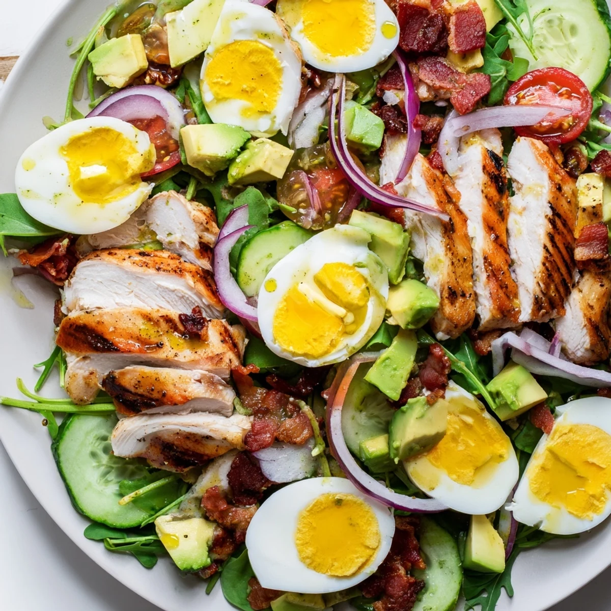 Sliced grilled chicken breast atop vibrant greens with cherry tomatoes and creamy avocado in this Paleo Cobb Salad