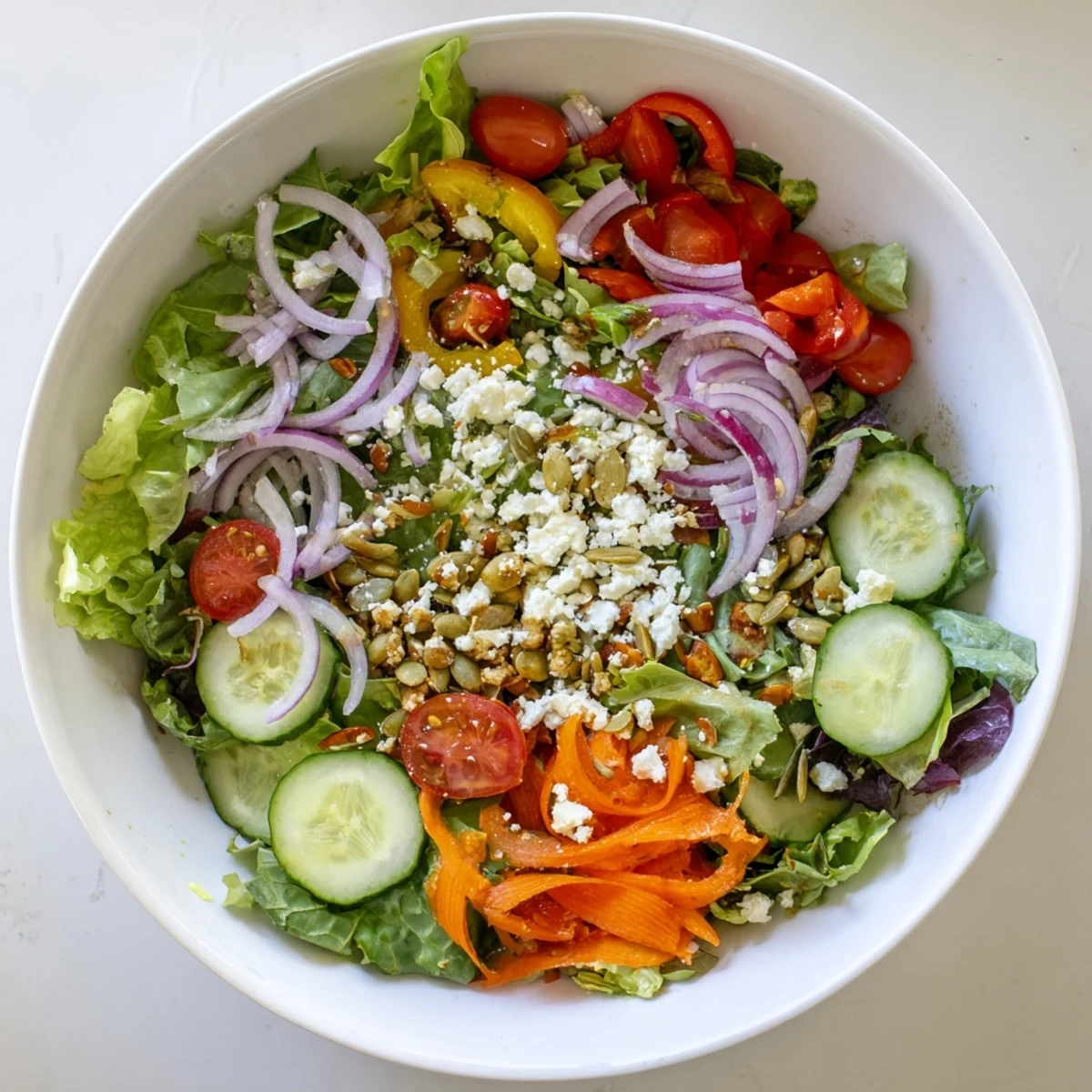 Bowl of refreshing garden salad with shredded carrots, red onion, bell pepper slices, and tangy Dijon vinaigrette