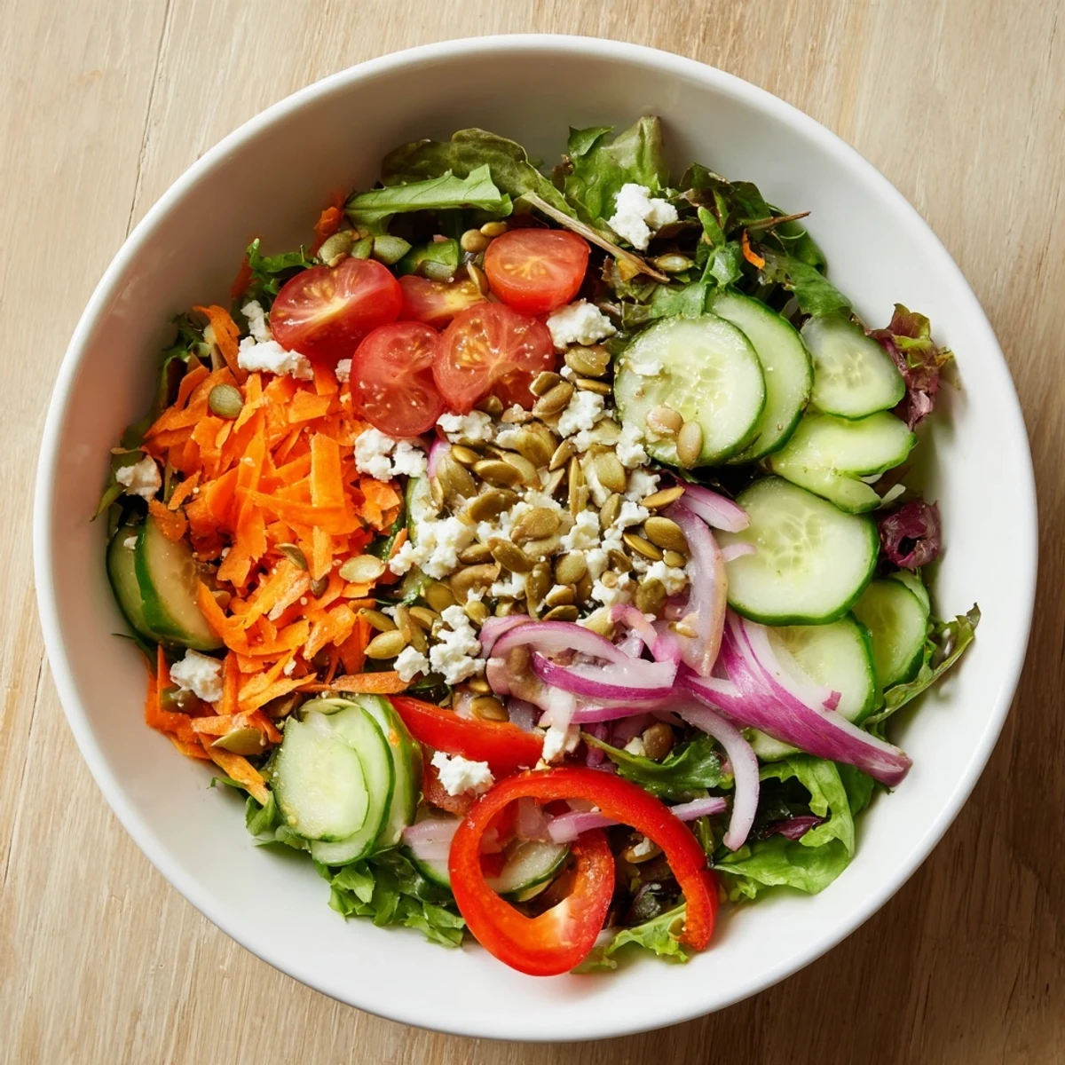 Fresh garden salad featuring vibrant seasonal vegetables tossed in olive oil vinaigrette and topped with crumbled feta cheese