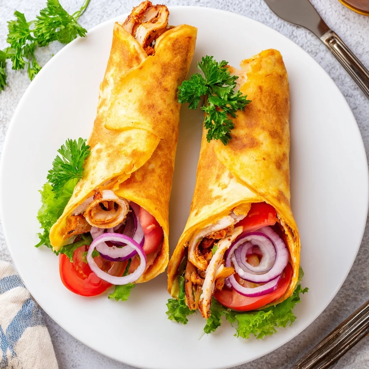 Golden crispy cottage cheese flatbread chicken wraps stuffed with seasoned meat and fresh vegetables