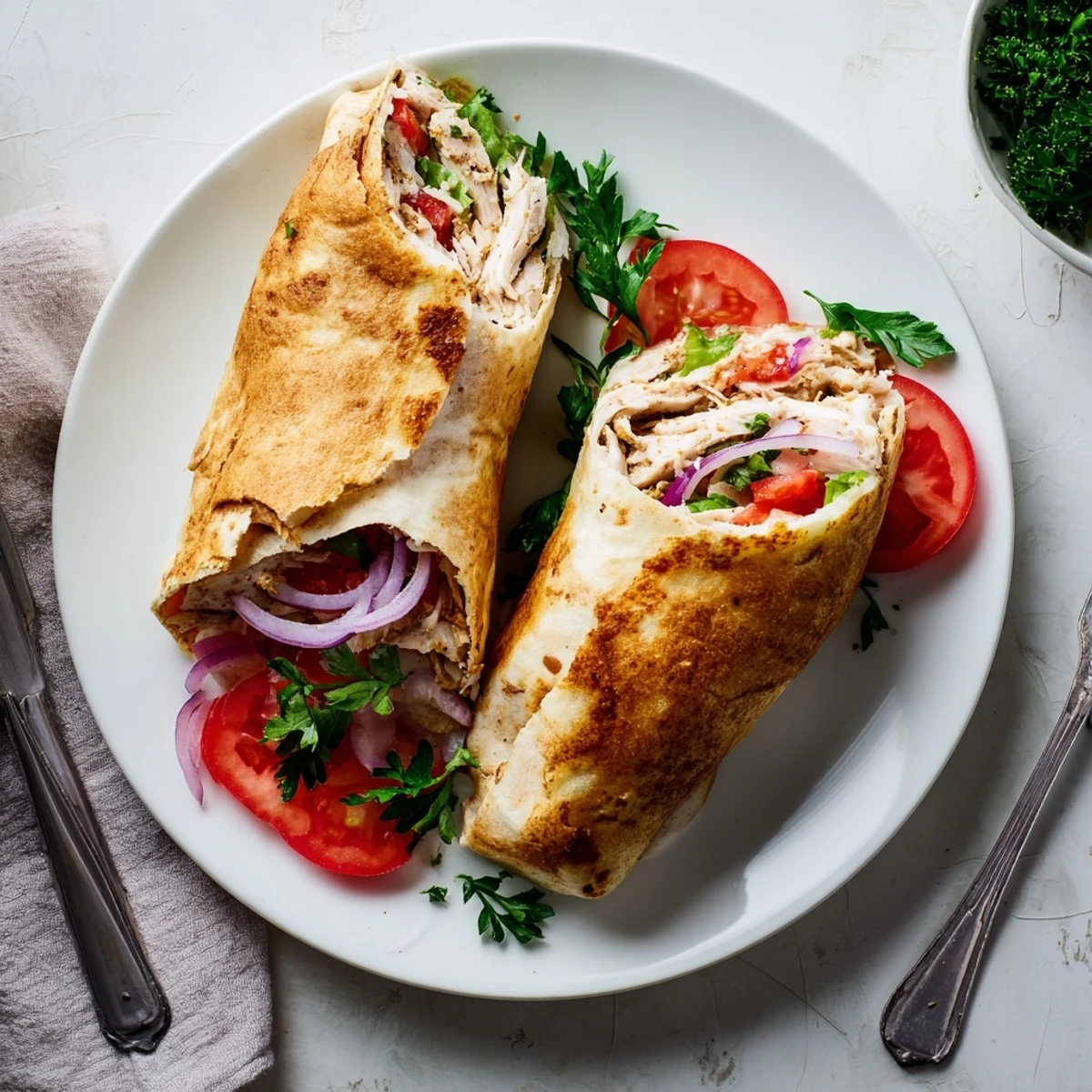 Protein-rich cottage cheese flatbread wraps filled with spiced chicken lettuce and sliced tomatoes