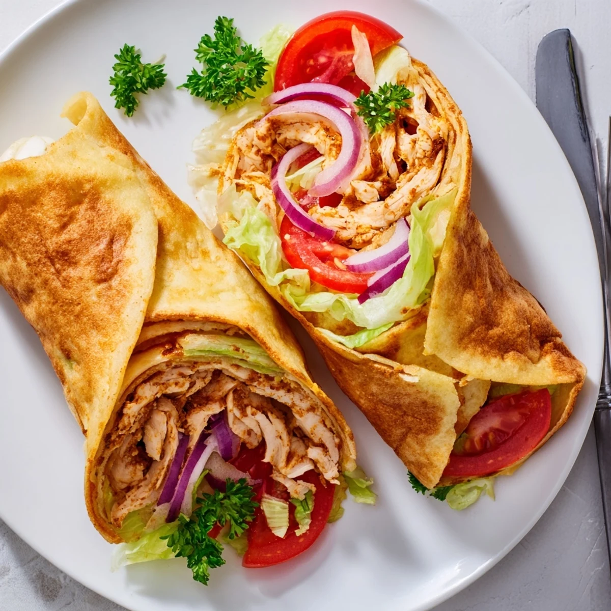 Whole grain cottage cheese flatbread rolled around juicy seasoned chicken and crisp garden veggies