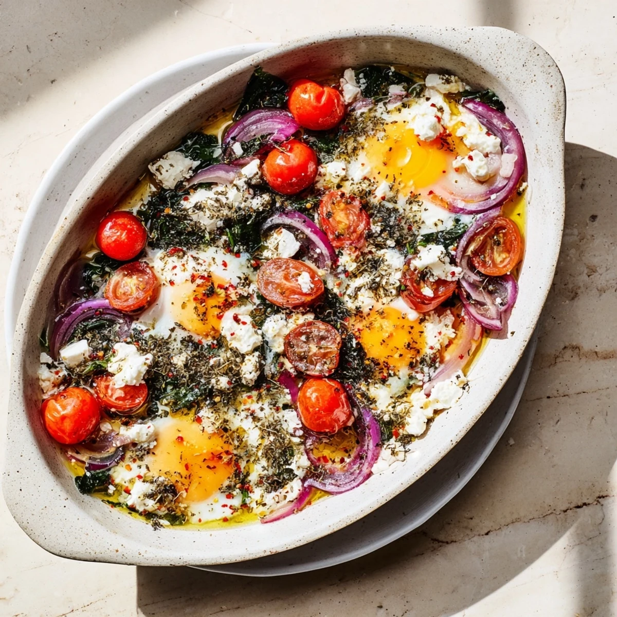 Golden baked feta eggs with juicy roasted tomatoes and tender spinach in a rustic skillet
