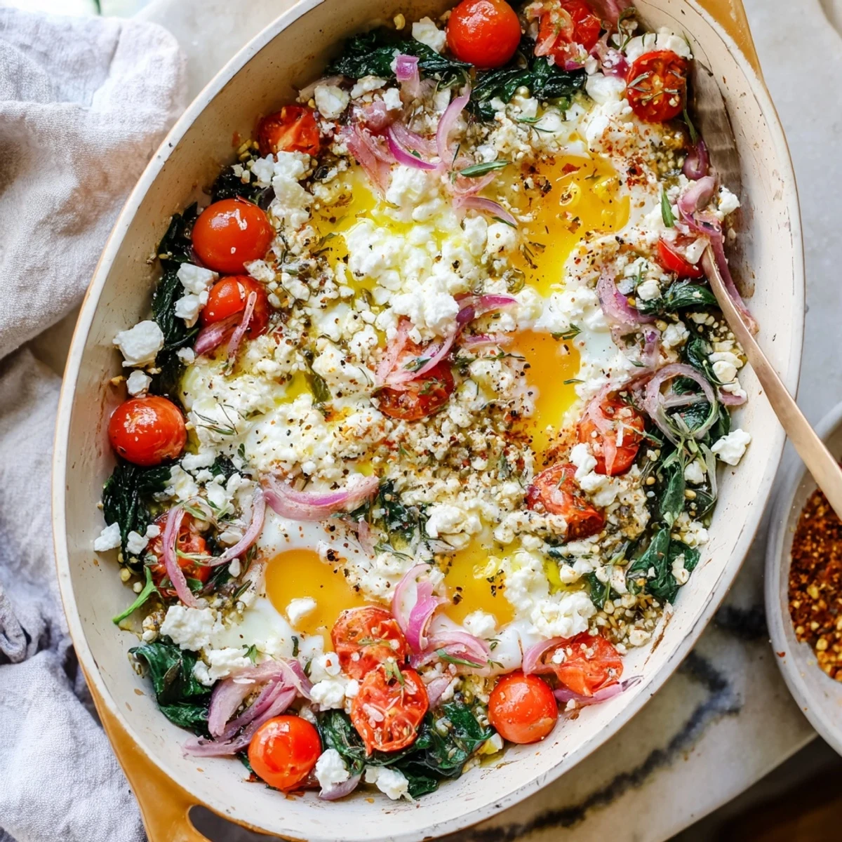 Creamy baked feta eggs skillet topped with fresh spinach, sweet tomatoes, and perfectly set eggs