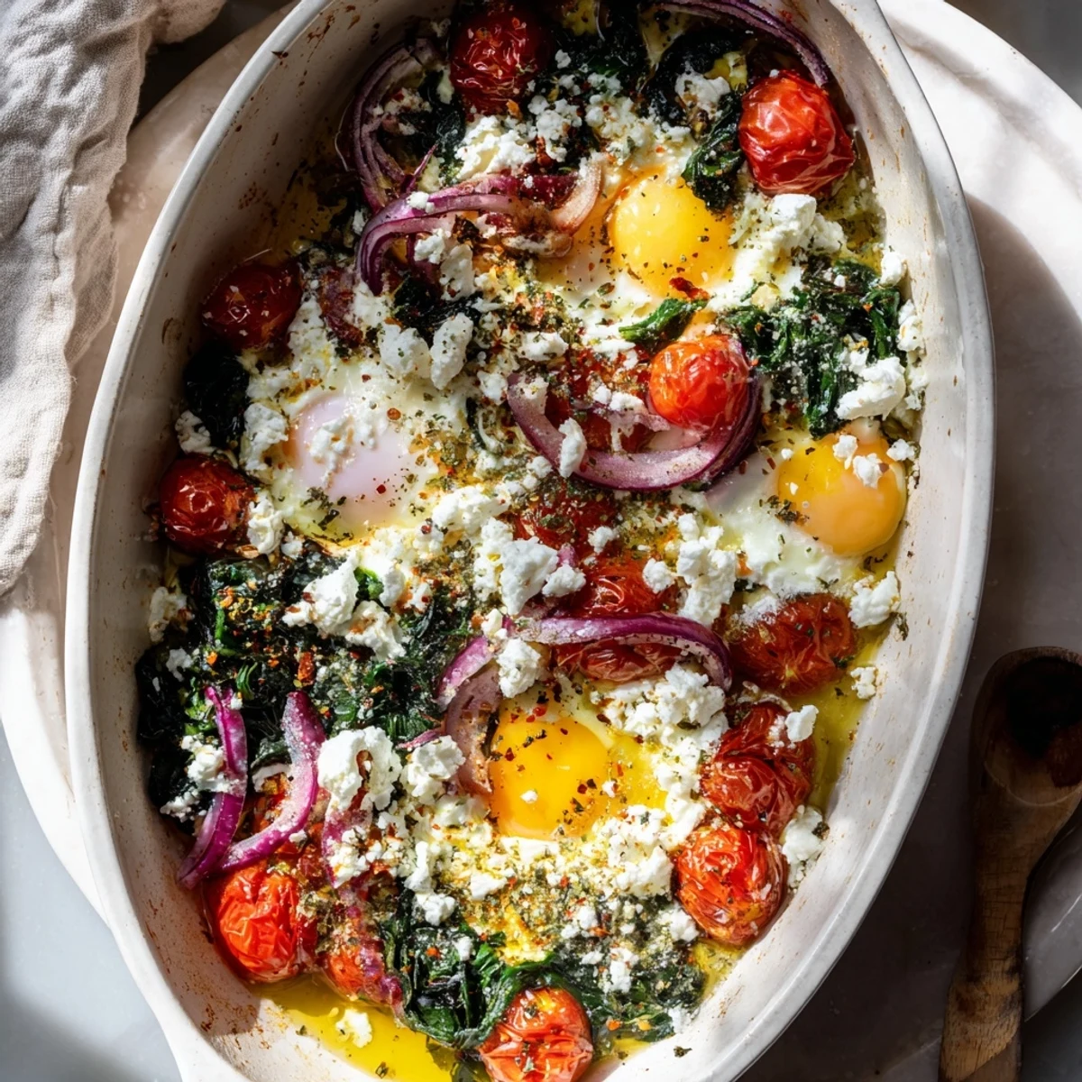 Mediterranean baked feta eggs featuring bubbling feta, vibrant cherry tomatoes, and wilted spinach with runny yolks