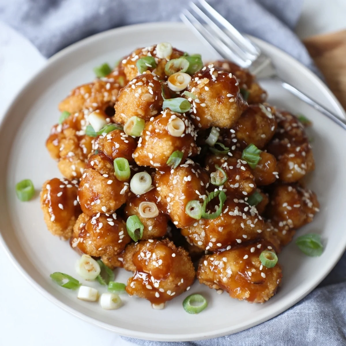 Golden brown sticky honey garlic cauliflower coated in glossy sweet savory sauce with sesame seed garnish