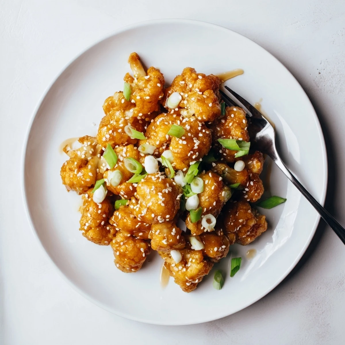 Crispy baked cauliflower florets tossed in thick honey garlic glaze topped with fresh green onion slices