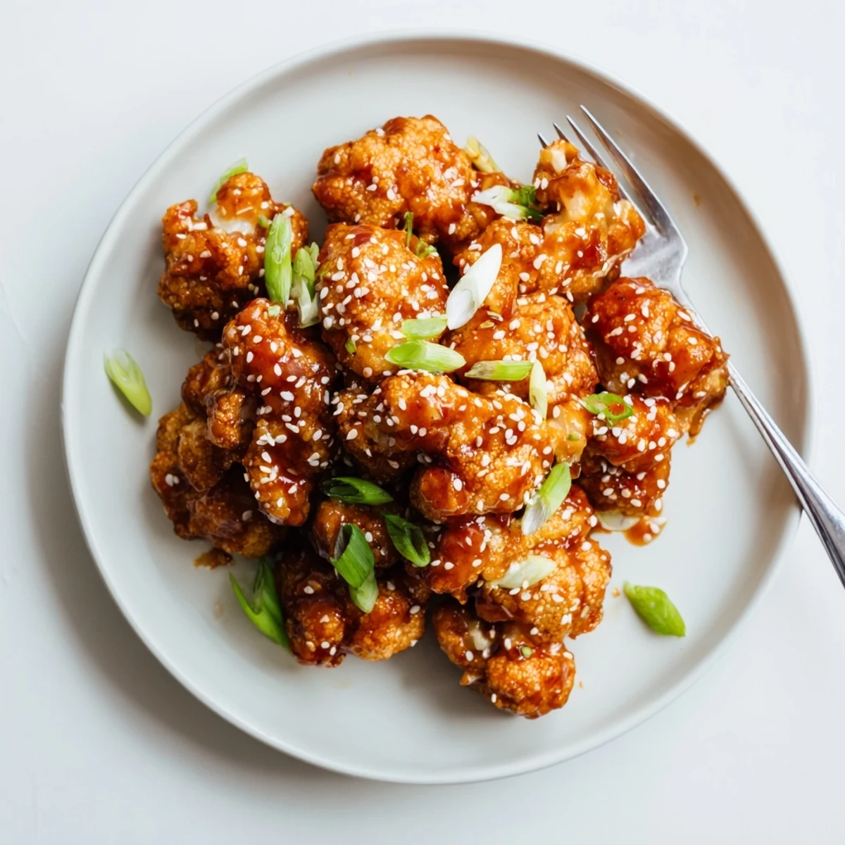 Vegetarian sticky honey garlic cauliflower appetizer featuring crunchy battered bites drizzled with sweet Asian-inspired sauce