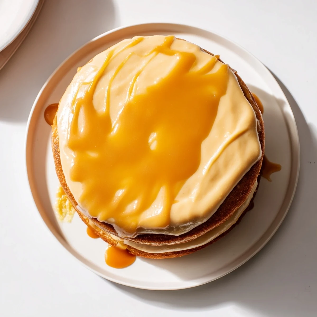 Golden layered caramel cake with silky frosting and glossy amber drizzle on white plate