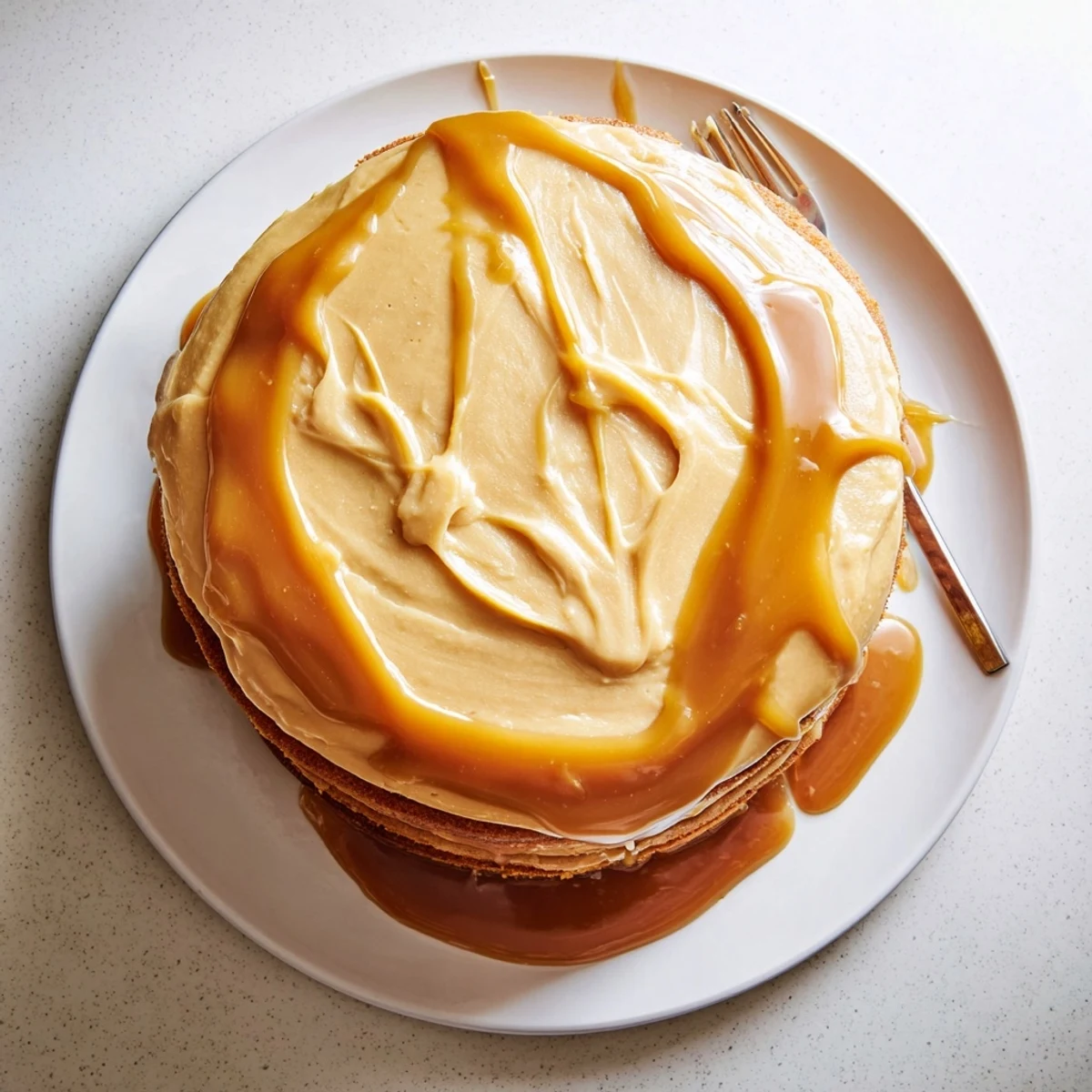 Rich buttery caramel cake showcasing three stacked layers topped with sweet caramel sauce