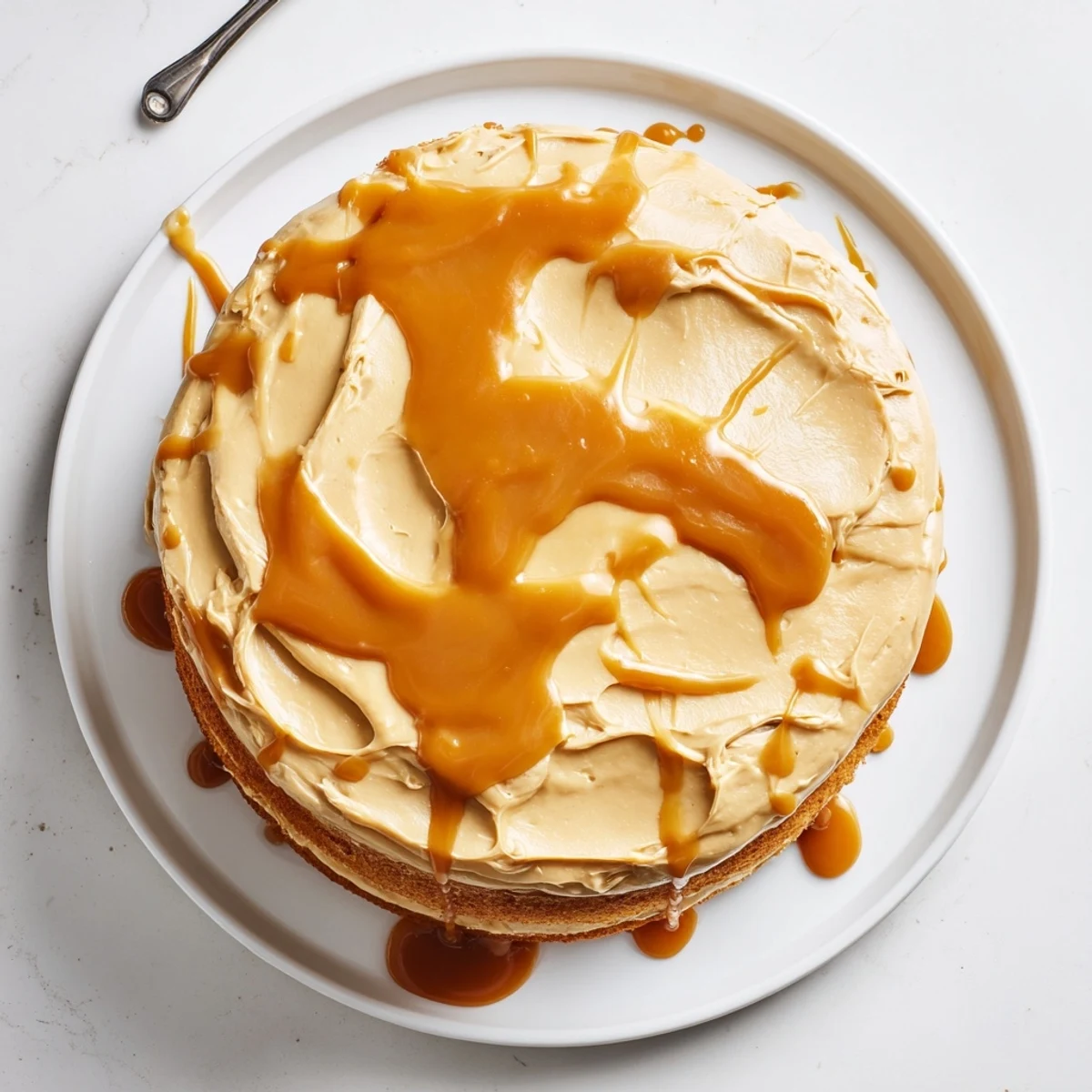 Decadent caramel cake slice revealing moist crumb topped with glossy caramel frosting drizzle