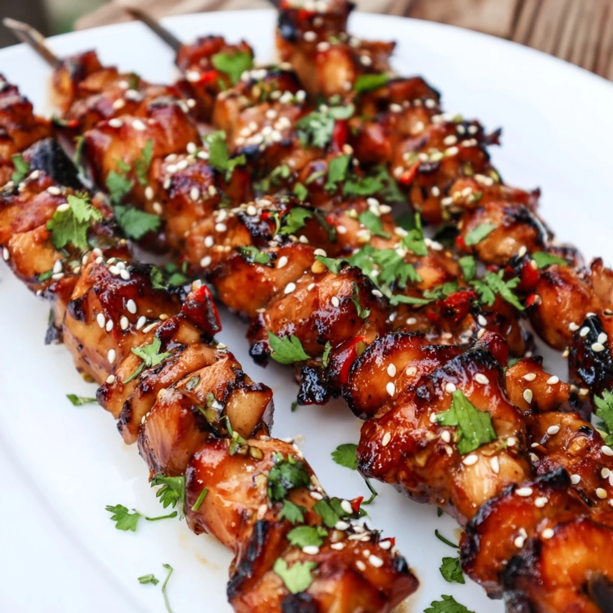 Golden grilled spicy honey garlic chicken skewers with charred edges and fresh cilantro garnish on a white serving plate