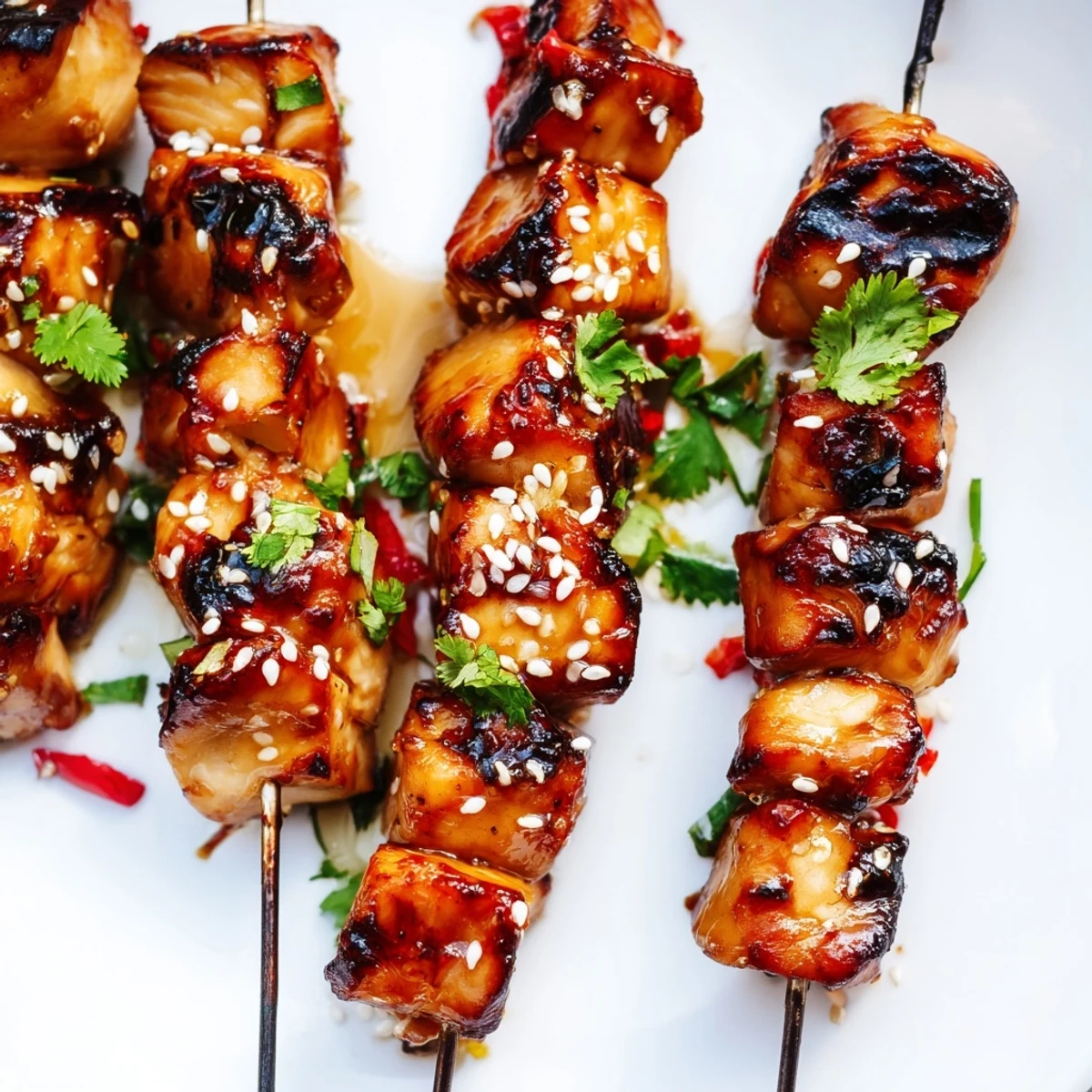 Juicy chicken kabobs basted in sticky honey garlic chili glaze, lightly charred from the grill with sesame seed topping