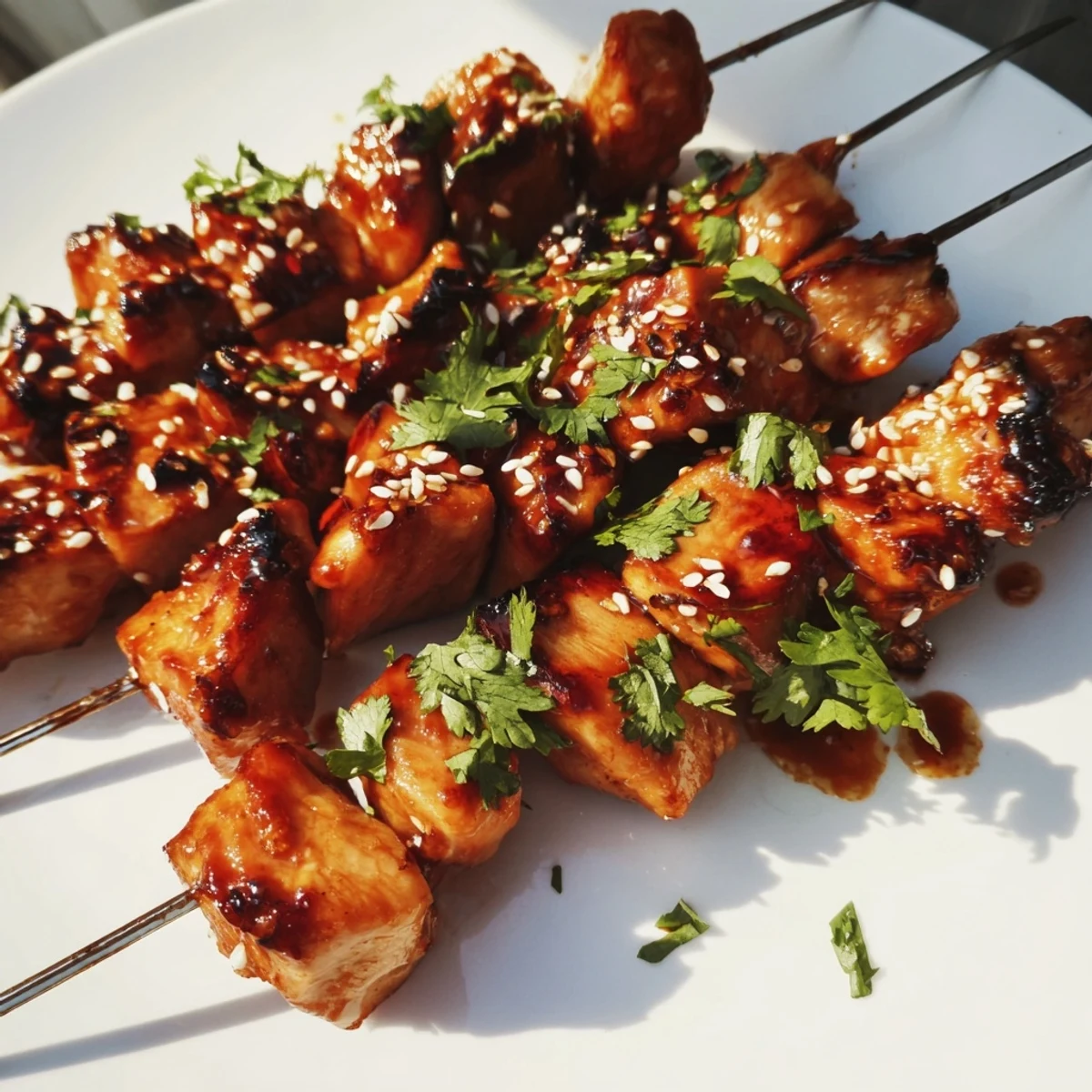 Tender spicy honey garlic chicken skewers arranged on a platter with lime wedges and chopped parsley for summer grilling