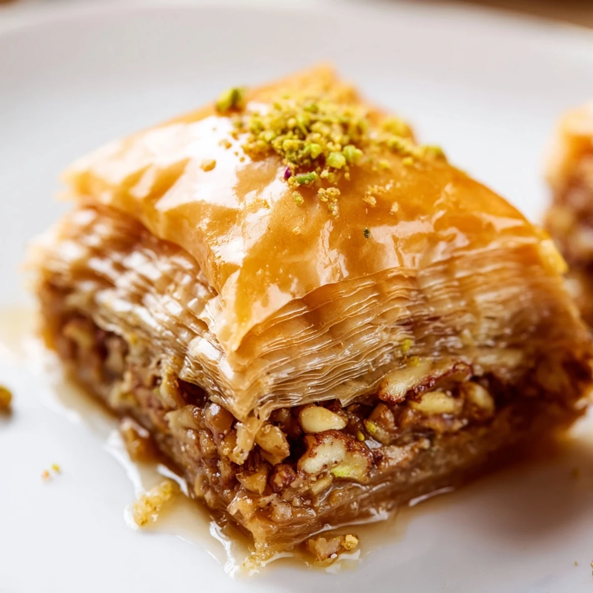 Golden baklava dessert with flaky phyllo layers and chopped walnut pistachio filling