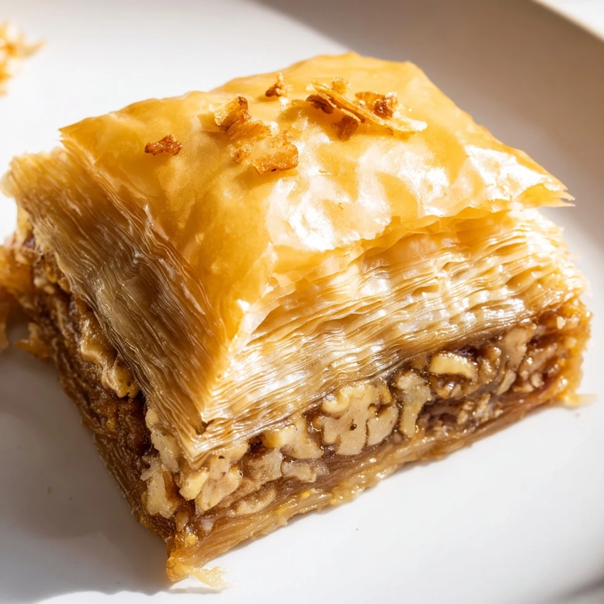 Homemade baklava pastry squares soaking in sweet honey cinnamon syrup on serving plate