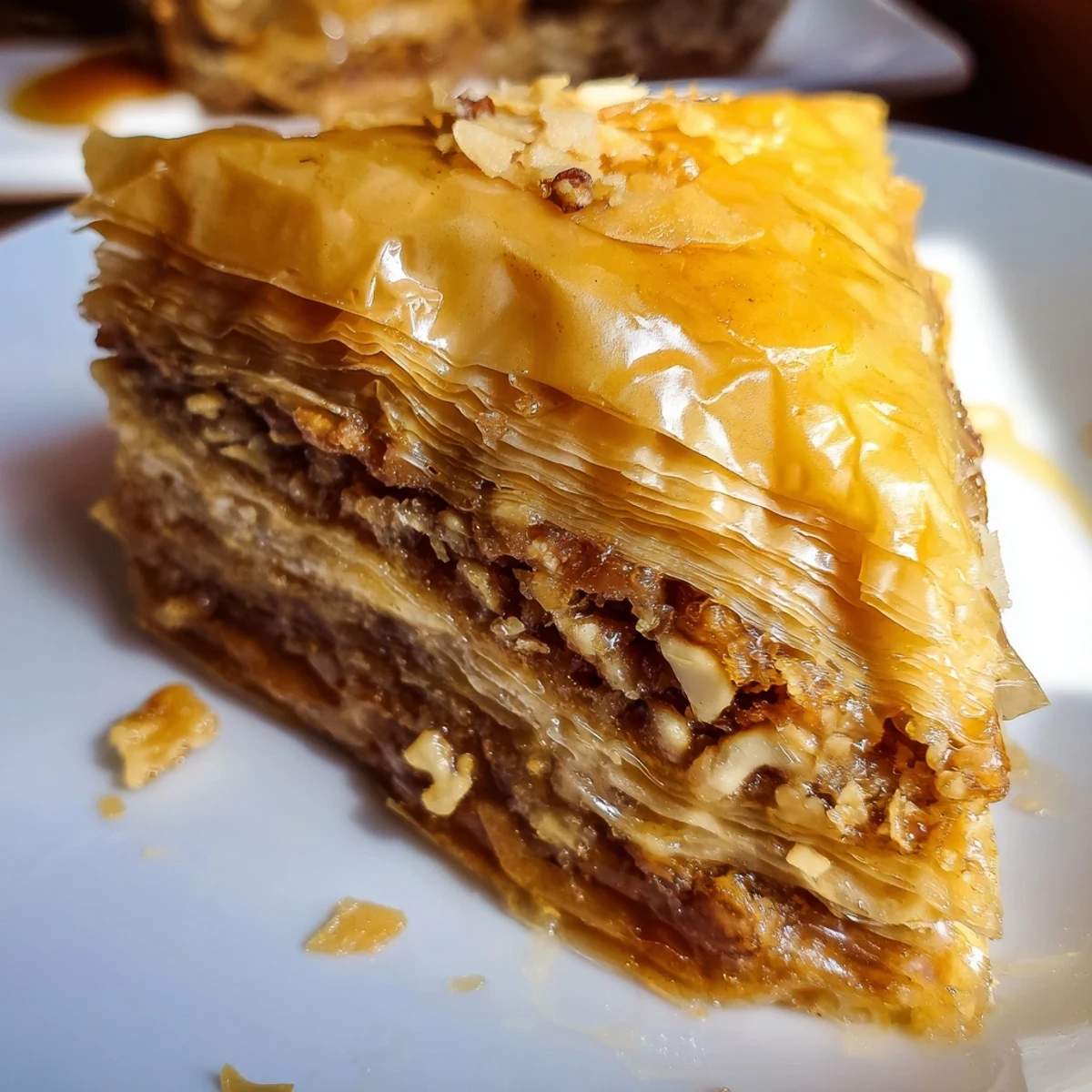 Crisp Middle Eastern baklava arranged on white platter garnished with crushed pistachios