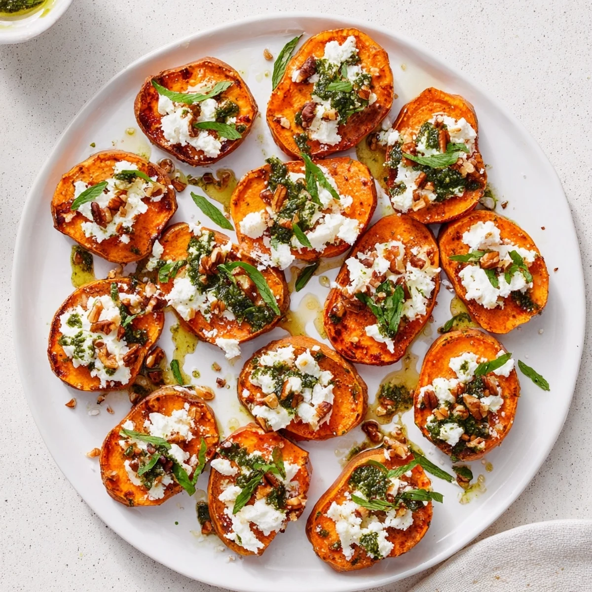 Golden roasted sweet potato rounds topped with crumbled feta, honey, and fresh herb drizzle for this Honey Feta Sweet Potato Crostini With Herb Drizzle Recipe