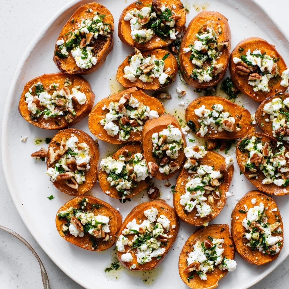 Appetizer platter featuring honey feta sweet potato crostini garnished with vibrant parsley basil drizzle and optional roasted pecans