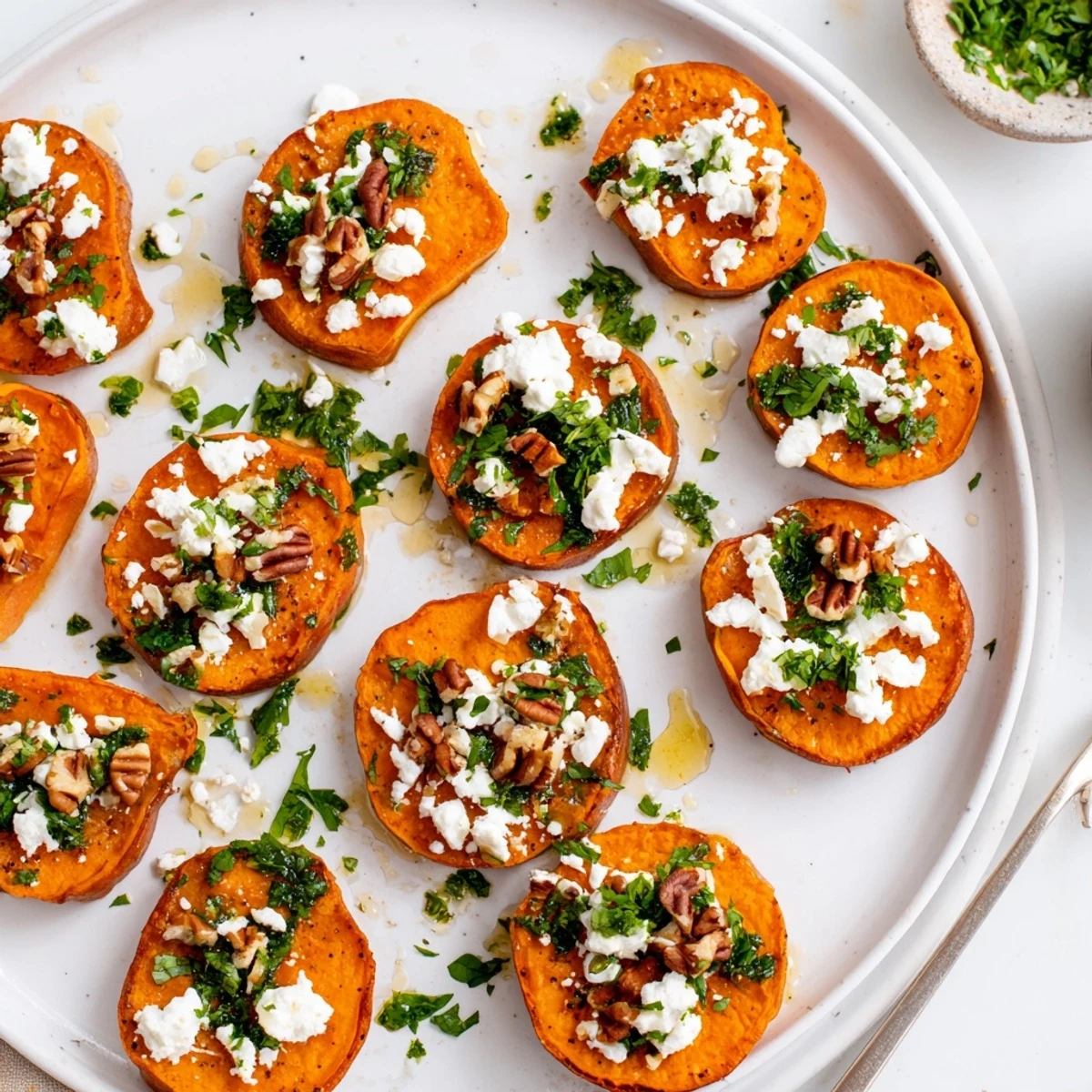 Mediterranean fusion appetizer with roasted sweet potato slices, creamy feta cheese, sweet honey glaze, and zesty herb oil