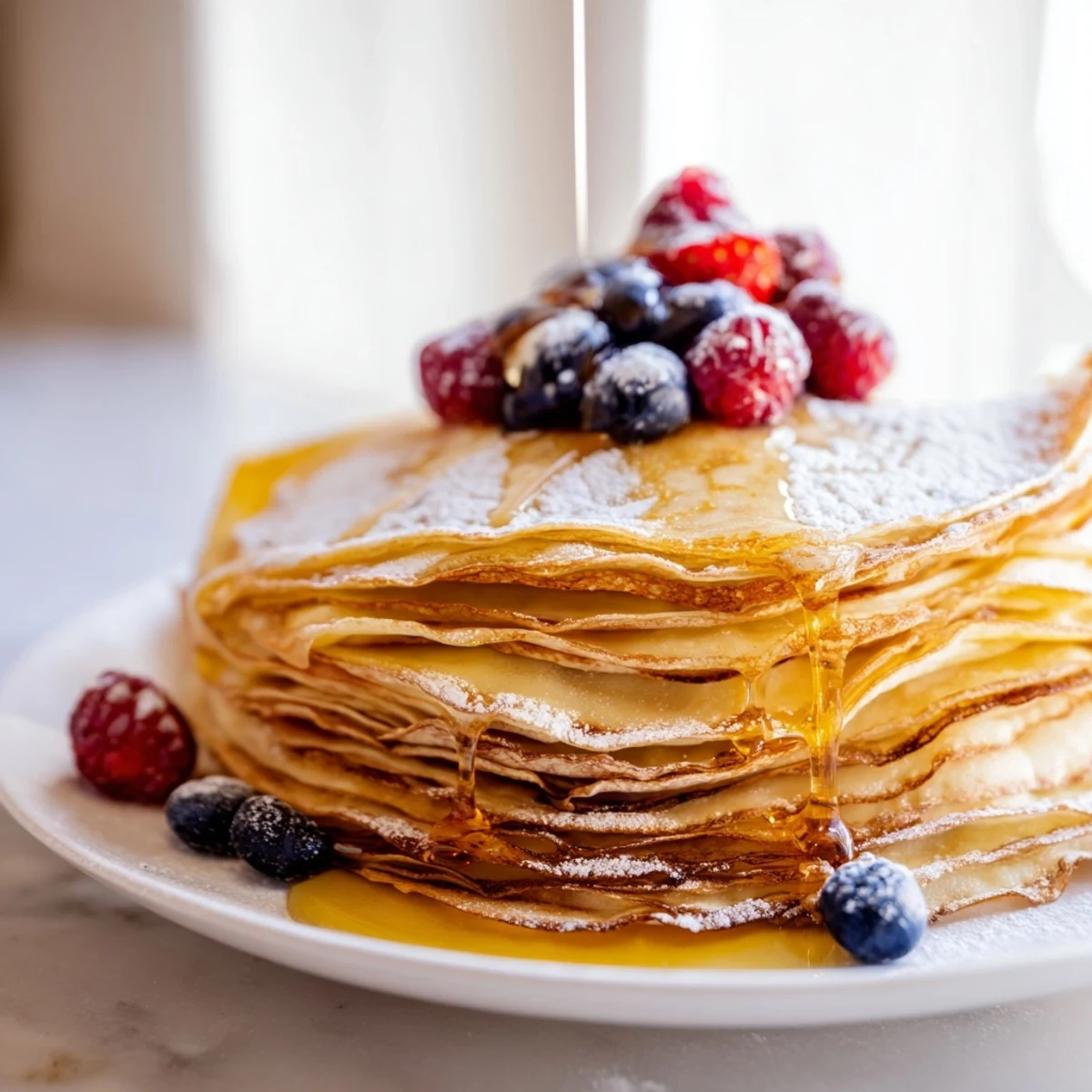 Golden honey drizzles over warm, delicate French crepes stacked on a white plate