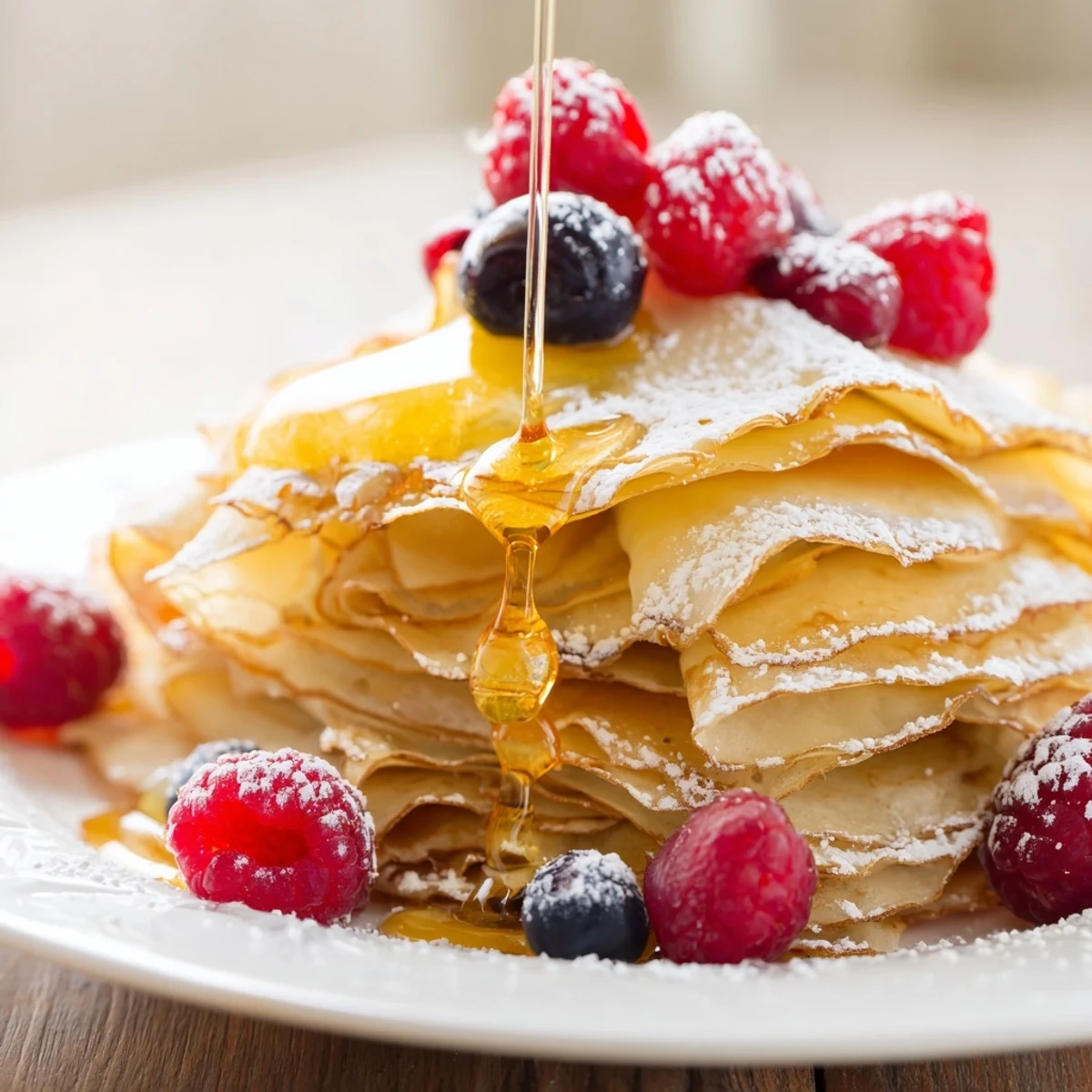Thin lacy crepes with honey drizzle garnished with fresh berries and powdered sugar