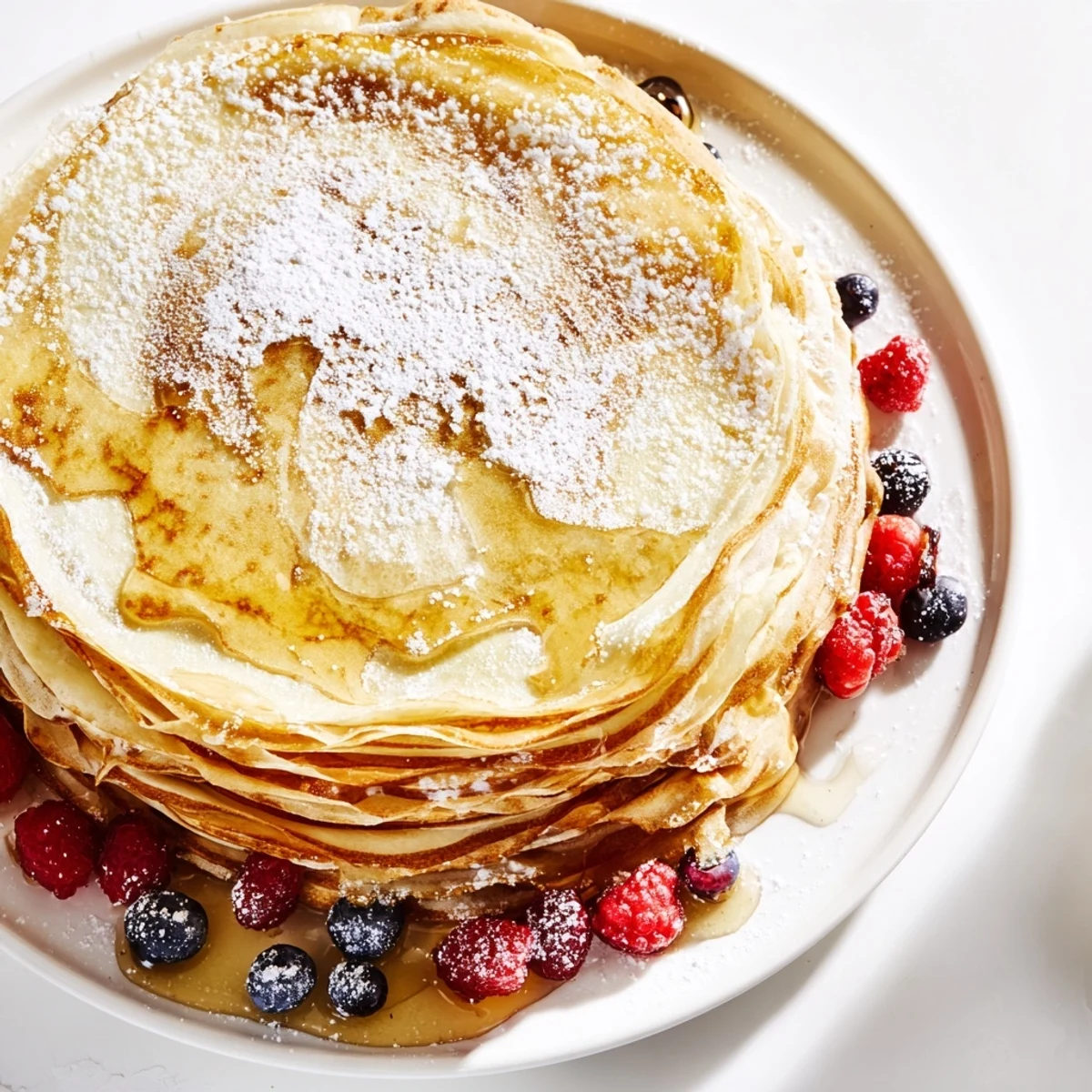 Stack of warm breakfast crepes generously topped with golden honey and colorful fruit